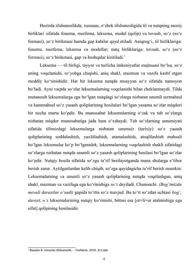O‘ZBEK TILSHUNOSLIGIDA LEKSEMA VA SO‘Z MUNOSABATI TALQINI 4
