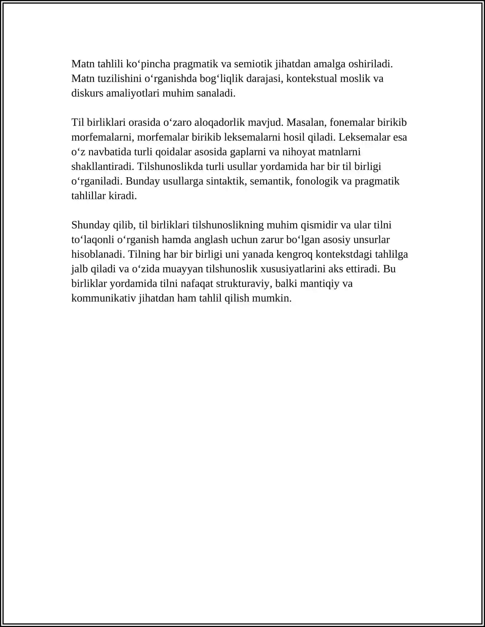 TIL BIRLIKLARI VA NUTQ BIRLIKLARI MAVZUSIDA TEST 4
