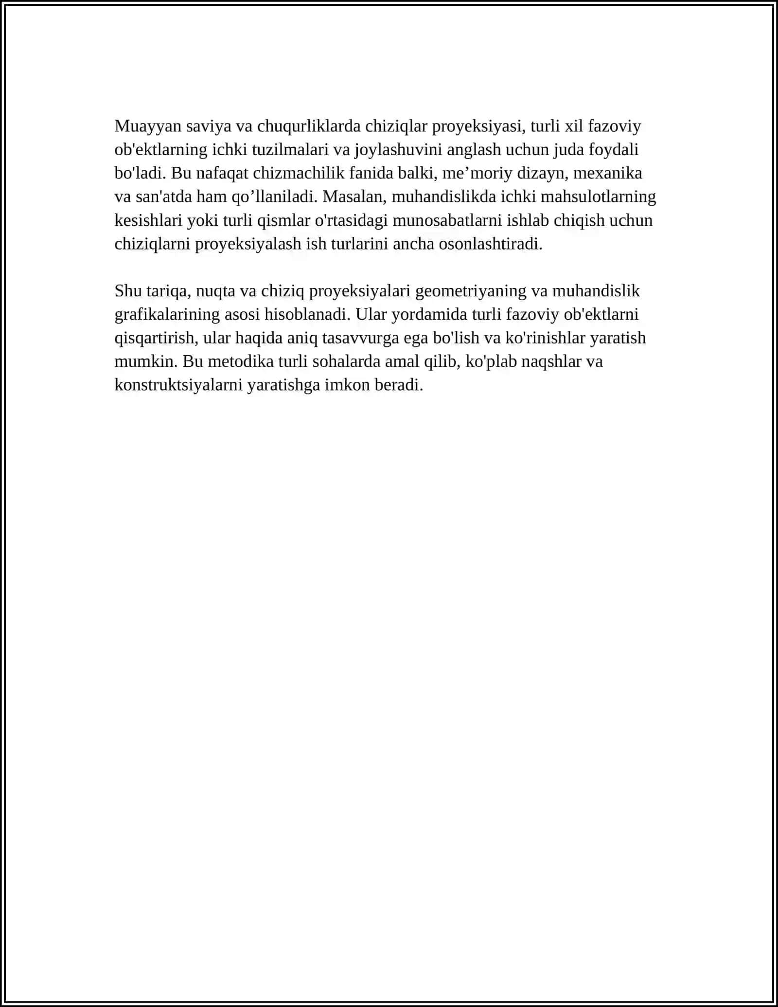 A) NUQTA, TO'G'RI CHIZIQ VA TEKISLIK PROYEKSIYALARI METRIK VA POZITSION MASALALAR. B) SIRTLAR. SIRTLARNING KLASSIFIKATSIYASI. SIRTLARNING O'ZARO KESISHUVI. D) AKSONOMETRIK PROYEKSIYALAR. QIYSHIQ VA TO'G`RI BURCHAKLI PROYEKSIYALAR. DIMETRIYA 4