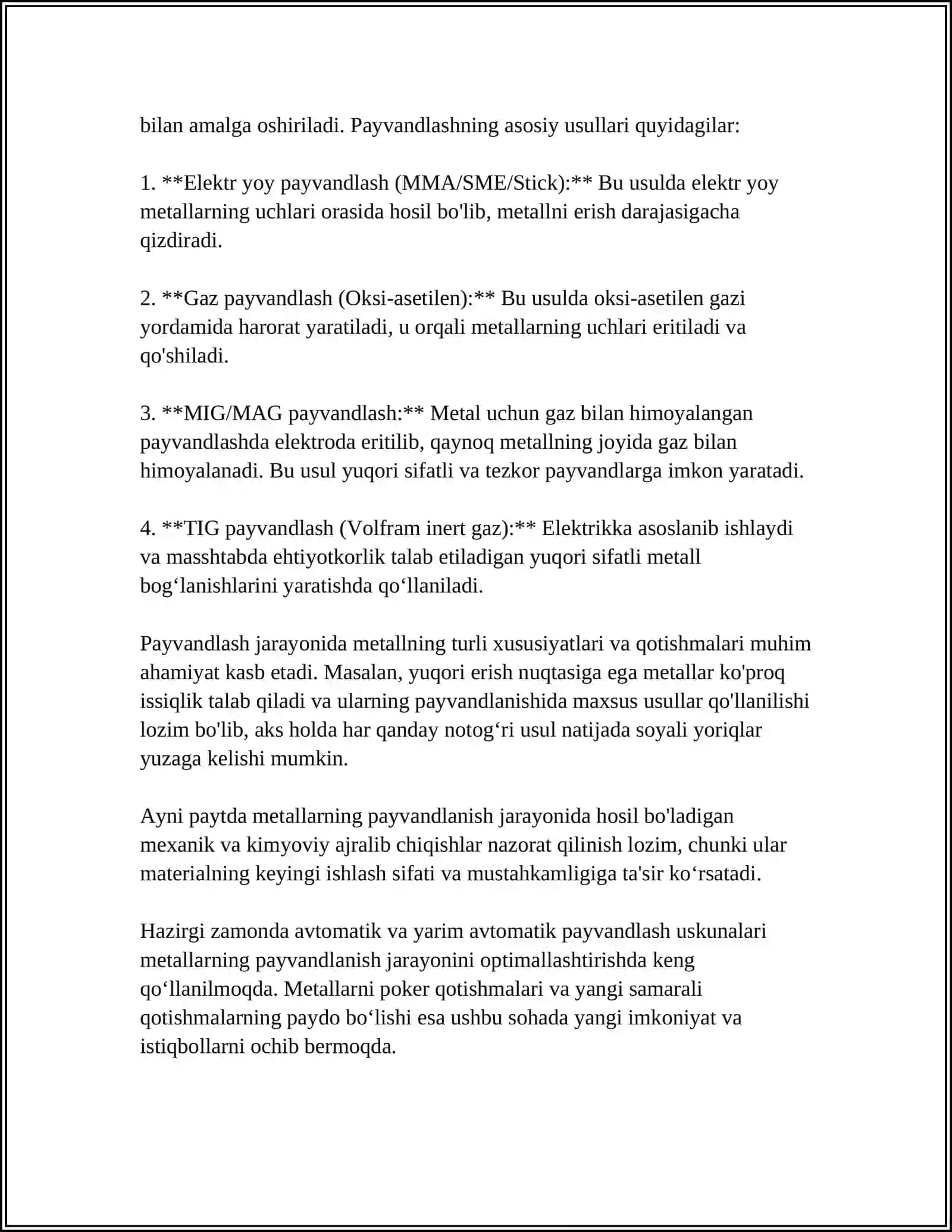 METALLARNI QOPLAMALI METALL ELEKTRODLAR BILAN ELEKTR YOY YORDAMIDA QIZDIRIB DASTAKI PAYVANDLAB AJRALMAYDIGAN BIRIKMALAR OLISH 4