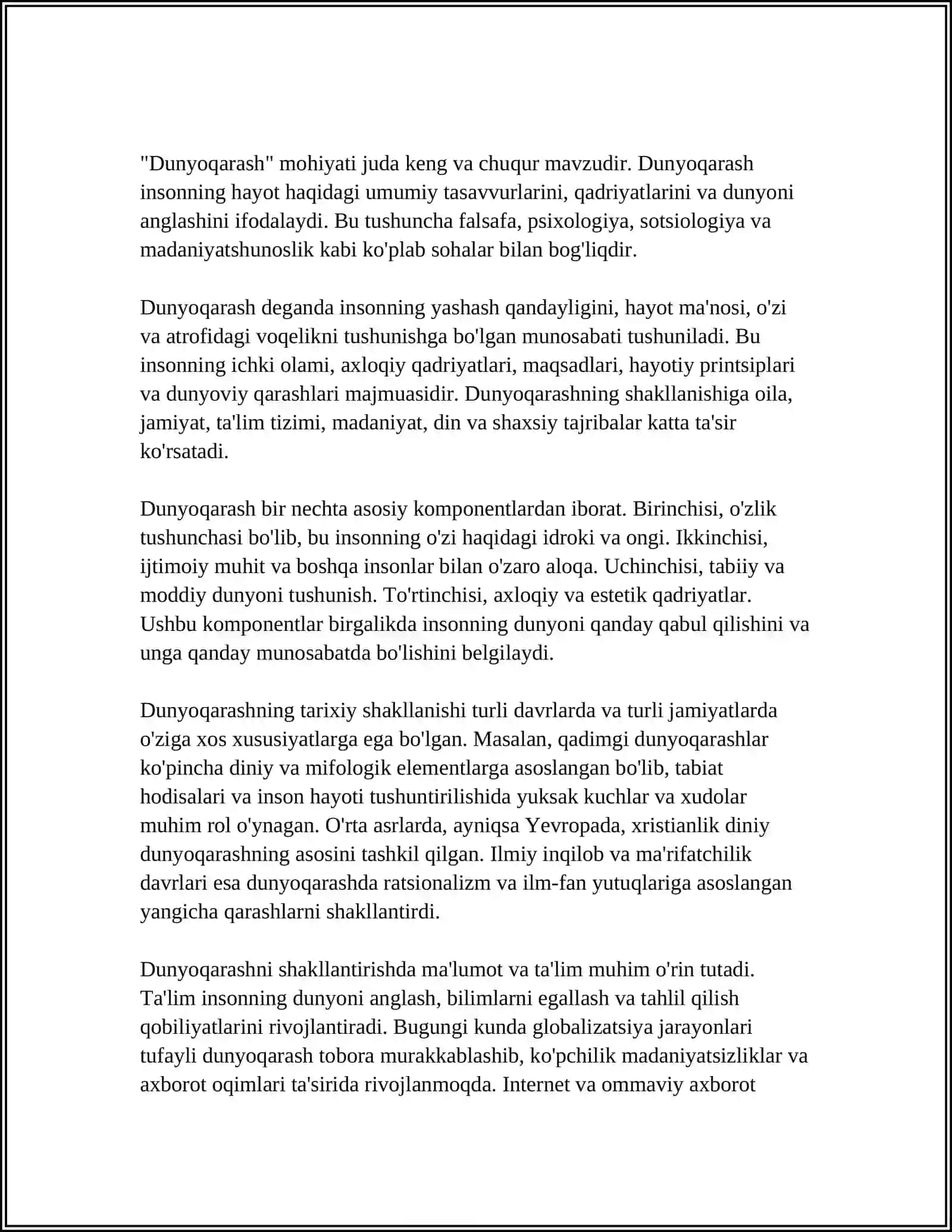 DUNYO QARASH TUSHUNCHASI, UNING MOHIYATI VA TARIXIY SHAKLLARI 4