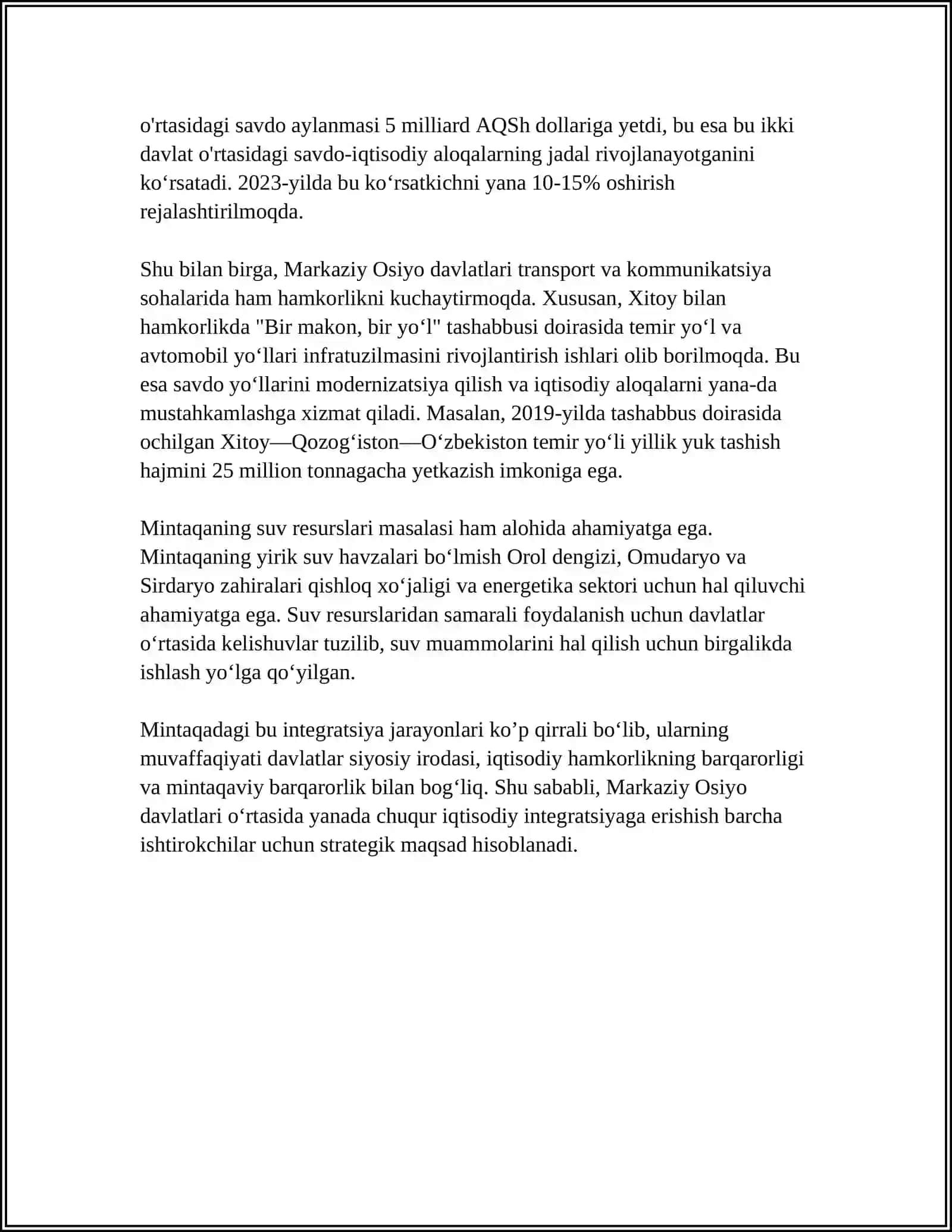 MARKAZIY OSIYO MAMLAKATLARI IQTISODIYOTINING INTEGRATSIYALASHISH ISTIQBOLLARI 4