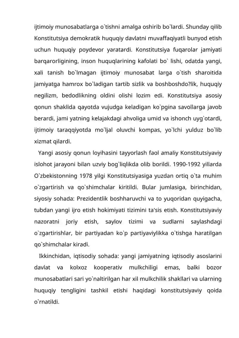 1992 yil Mustaqil O`zbekiston Respublikasi Konstitutsiyasining qabul qilinishi va uning tarixiy ahamyati 4