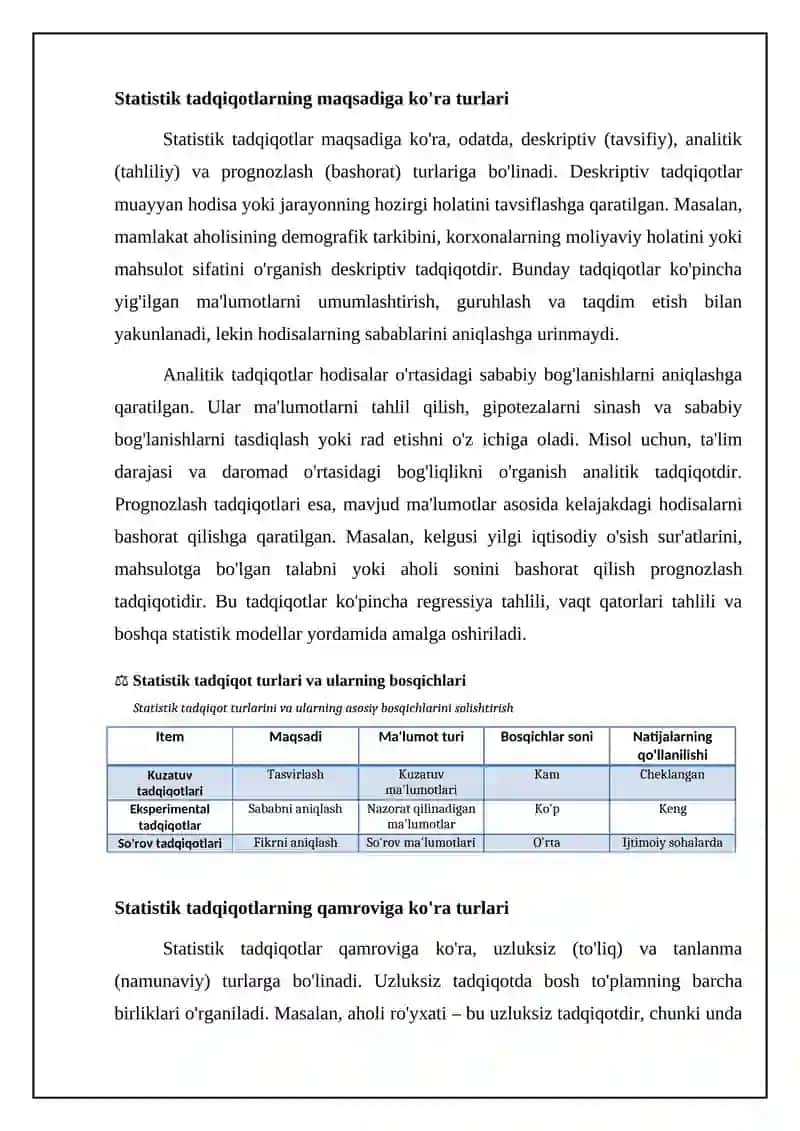 Statistik tadqiqot turlari va ularning bosqichlari 4
