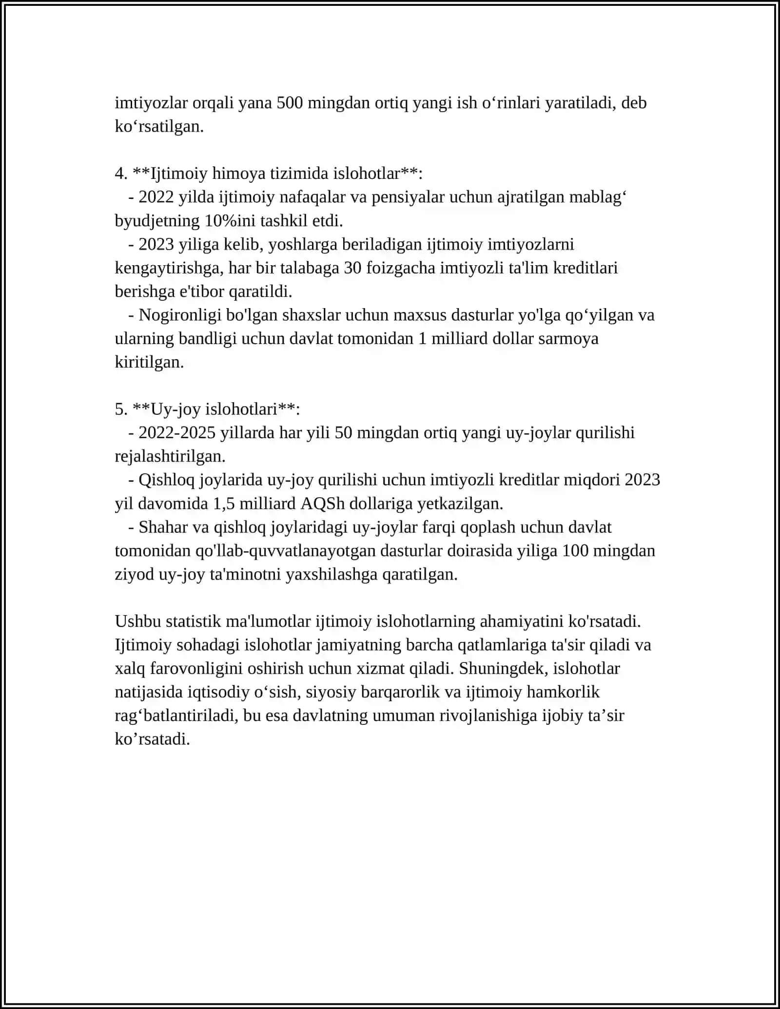 MUSTAQIL ISH Mavzu: OʻZBEKISTON RESPUBLIKASIDA IJYIMOIY SOHADAGI ISLOHATLAR 4