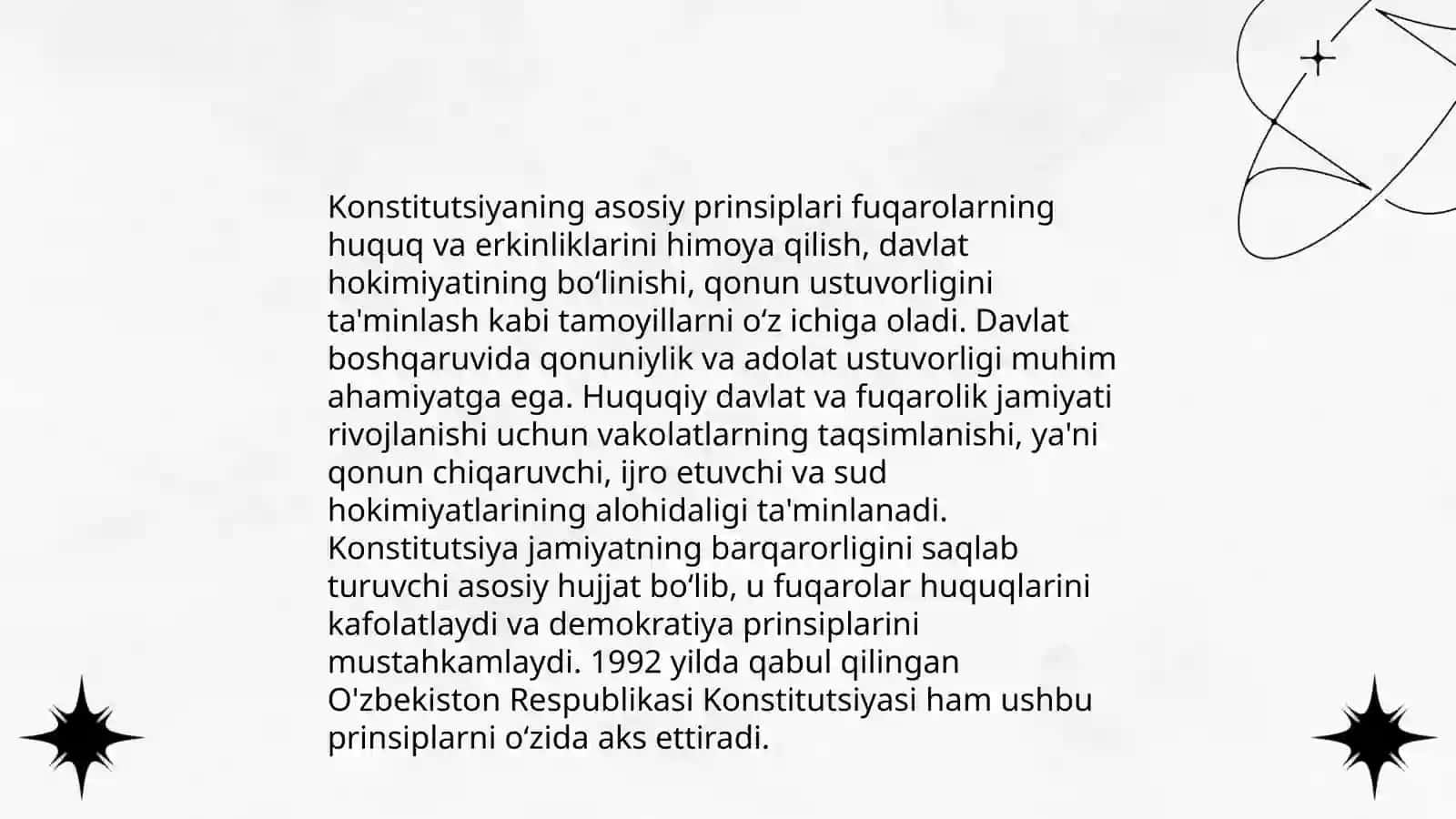 Konstitutsiya va davlat, konstitutsiyaning prinsiplari va xususiyatlari, konstitutsiyaning turlari 4