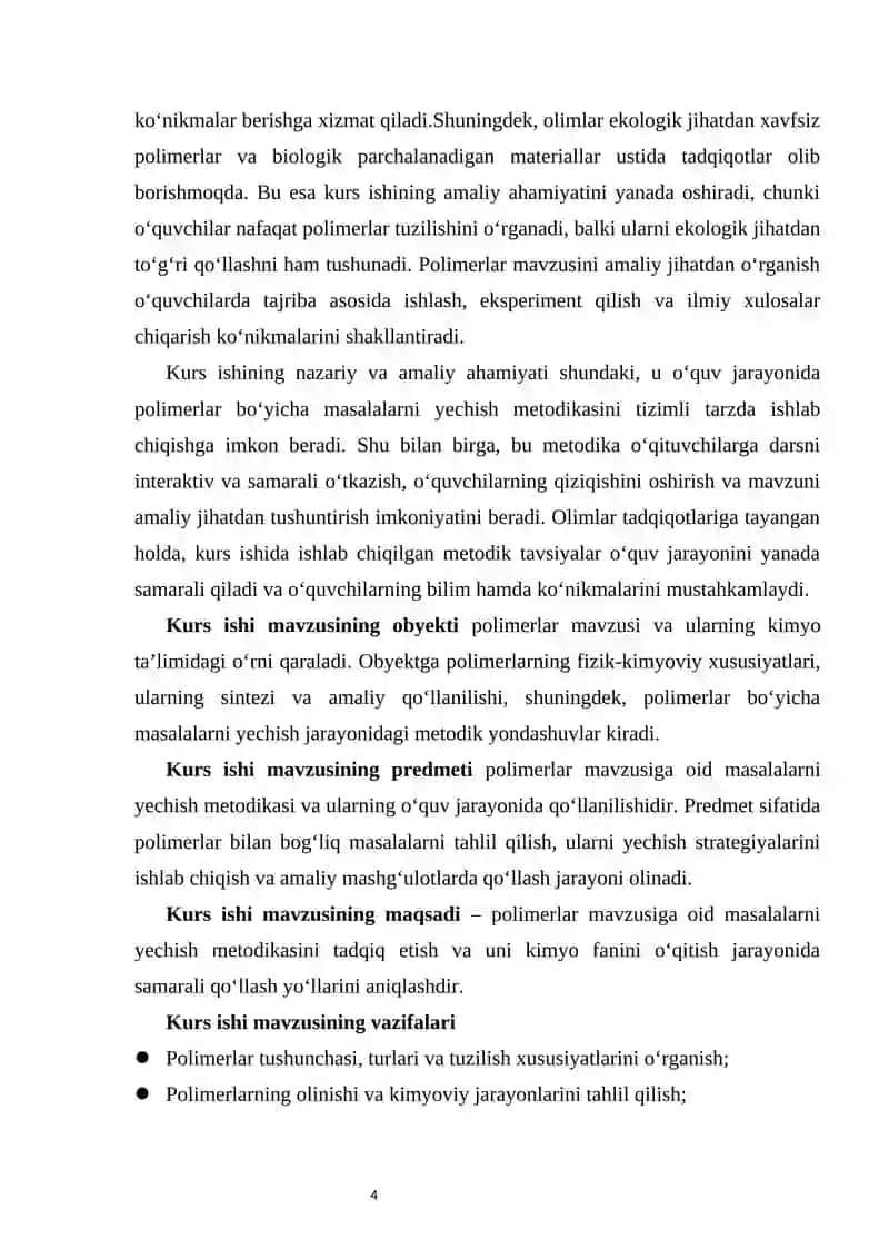 Polimerlar mavzusiga oid masalalar yechish metodikasi” 4