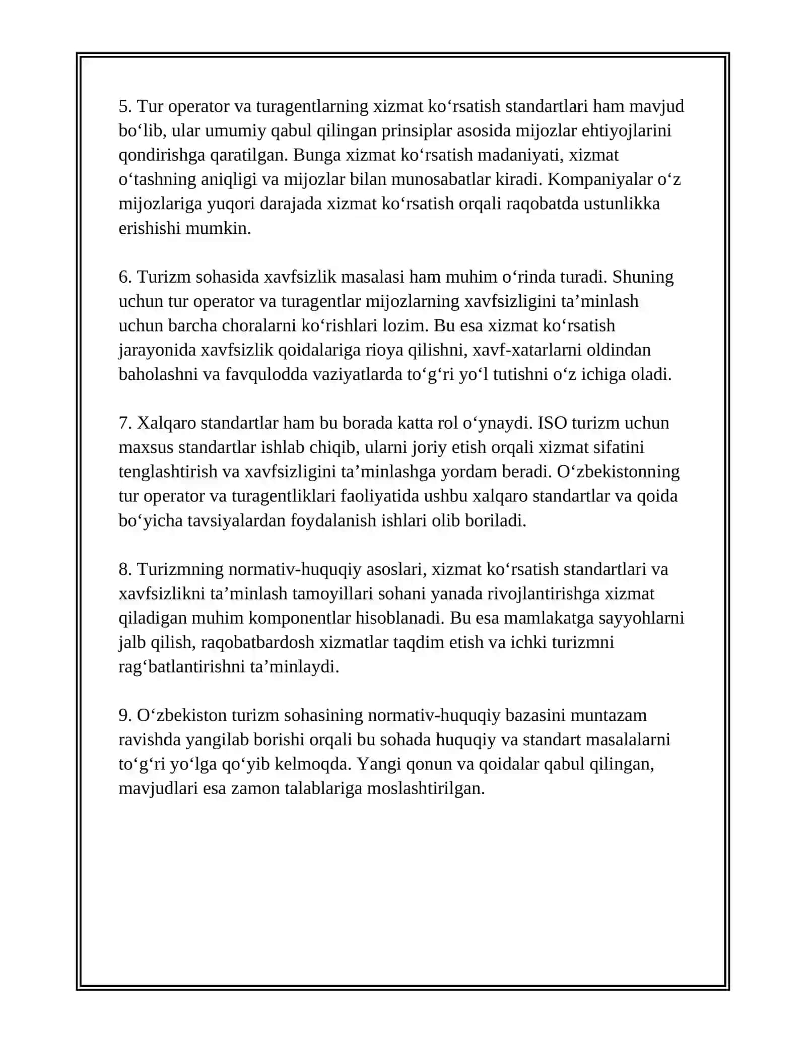 TUR OPERATOR VA TURAGENTLIK FAOLIYATIDA STANDARTLAR:XIZMAT PAKETI VA SHARTNOMA STANDARTLARI 4