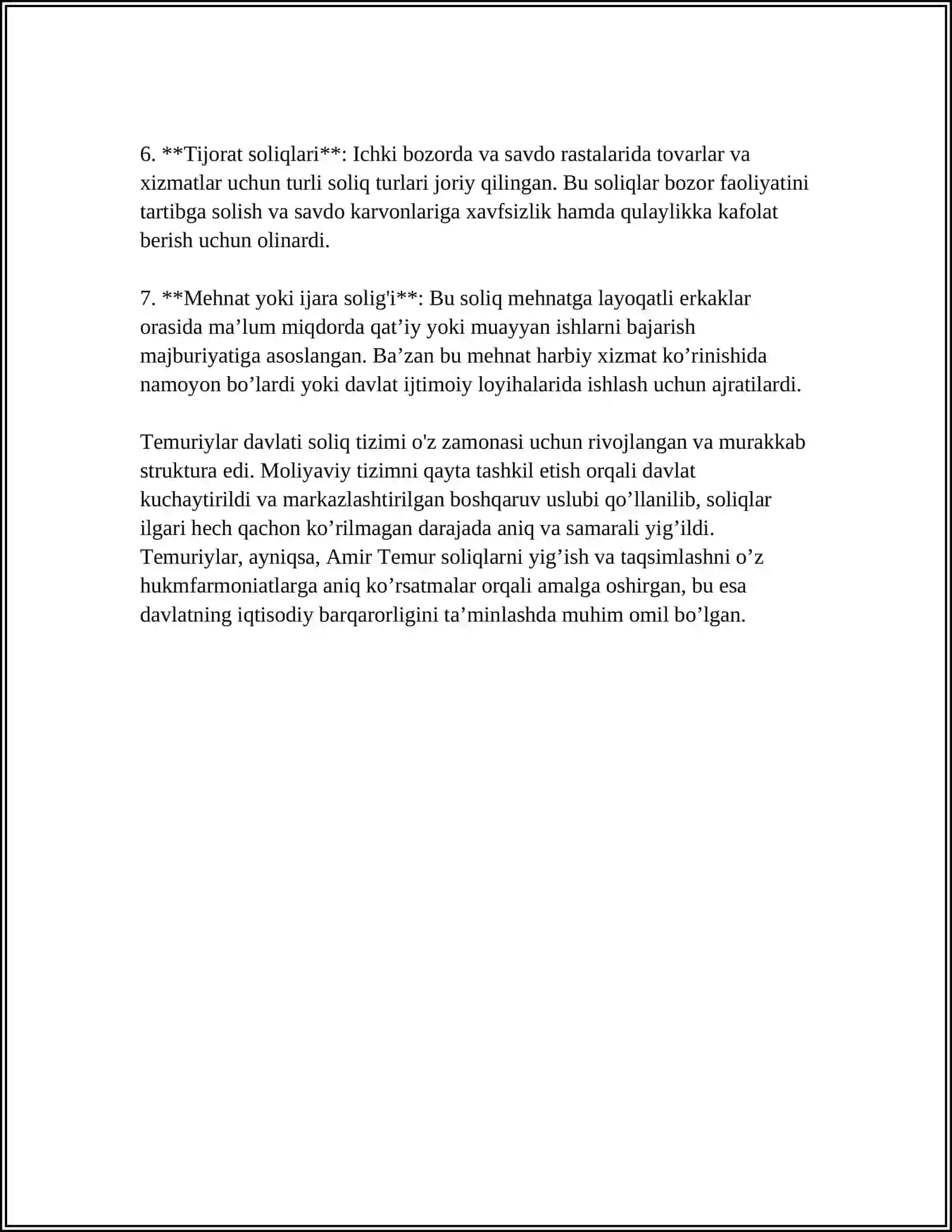 TEMURIYLAR DAVRIDA SOLIQ SIYOSATINING JAMIYAT HAYOTIGA TAʼSIRI REFERAT 4