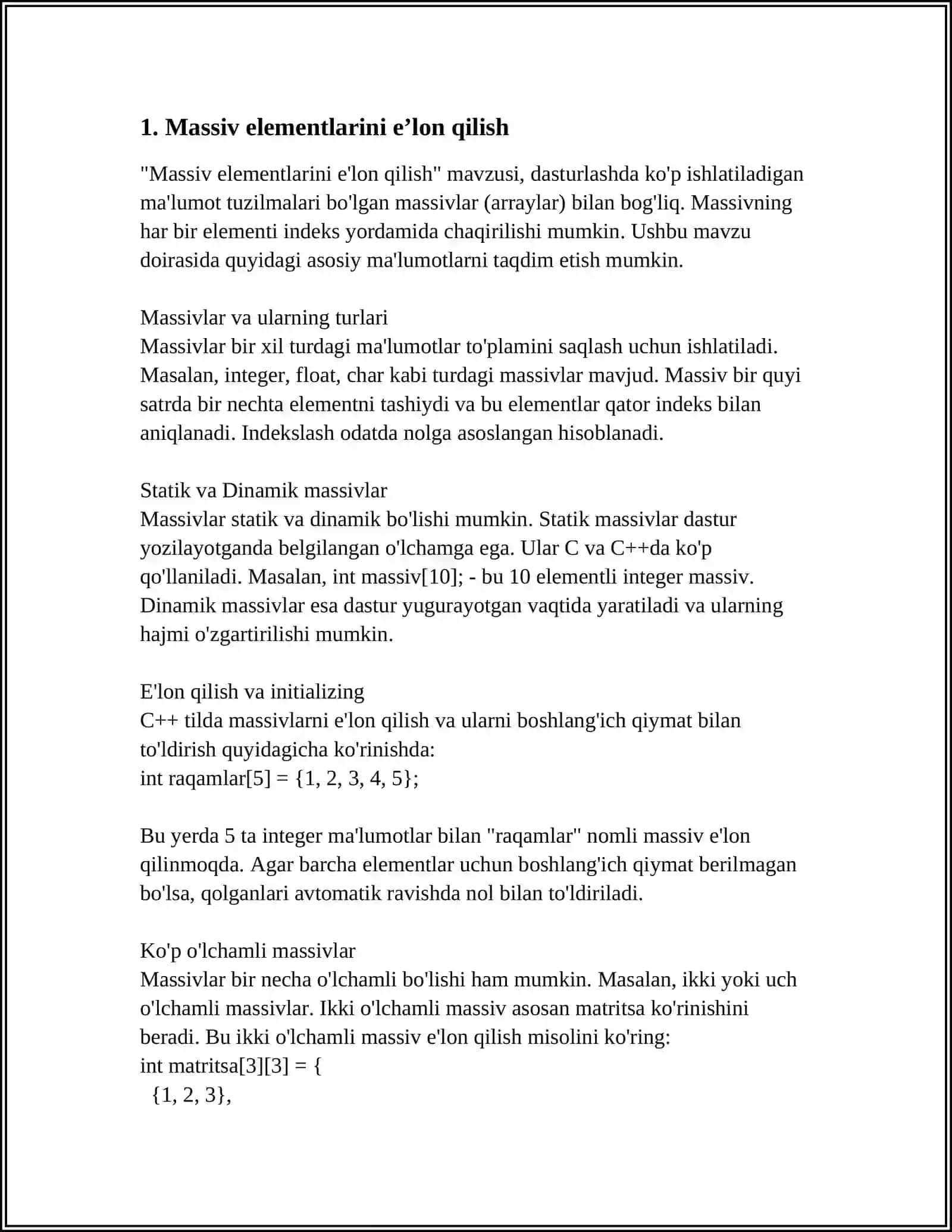 O'LCHAMLI KO'RSATILGAN MASSIV ELEMENTLARI TO'LIQ INITSIYAZIATSIYALASH 4