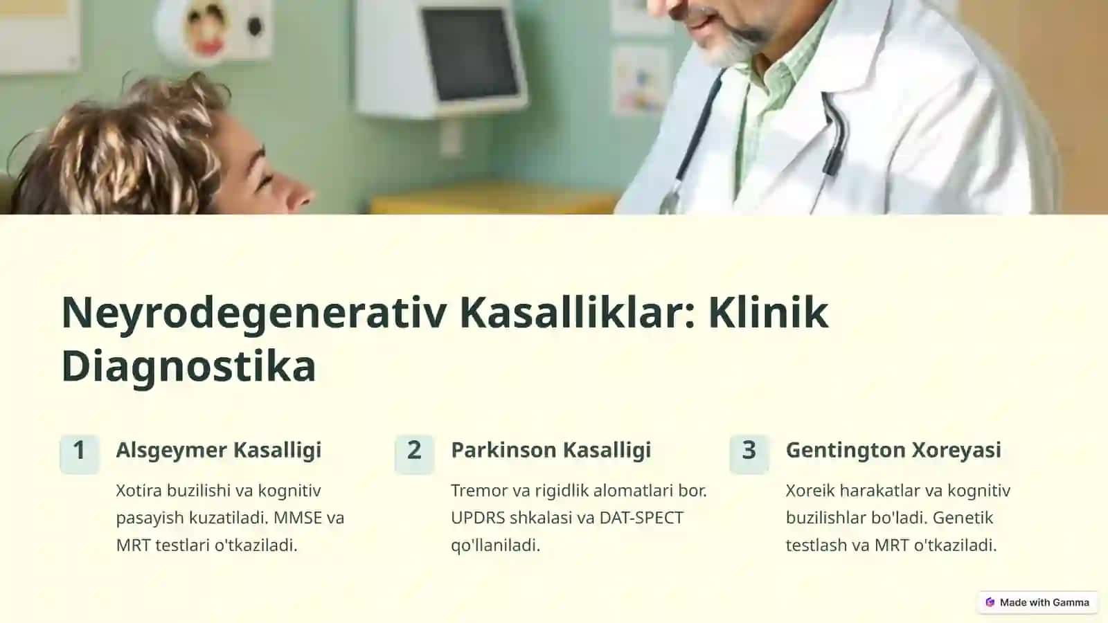 Neyrodegenerativ kasalliklar (Alsgeymer, parkinson kasalliklari, Gentington xoreyasi) etiologiyasi, patogenezi,klinika diagnostikasi,Diffrensial diagnostikasi. Nerv mushak distrofiyalari Miopatiyalar (Dyushen, Erba Rota, Landuzi Djerina, Bekker) Multifaktorial kasalliklar, etiologiya, patogenez, diffrensial diagnostikasi 4