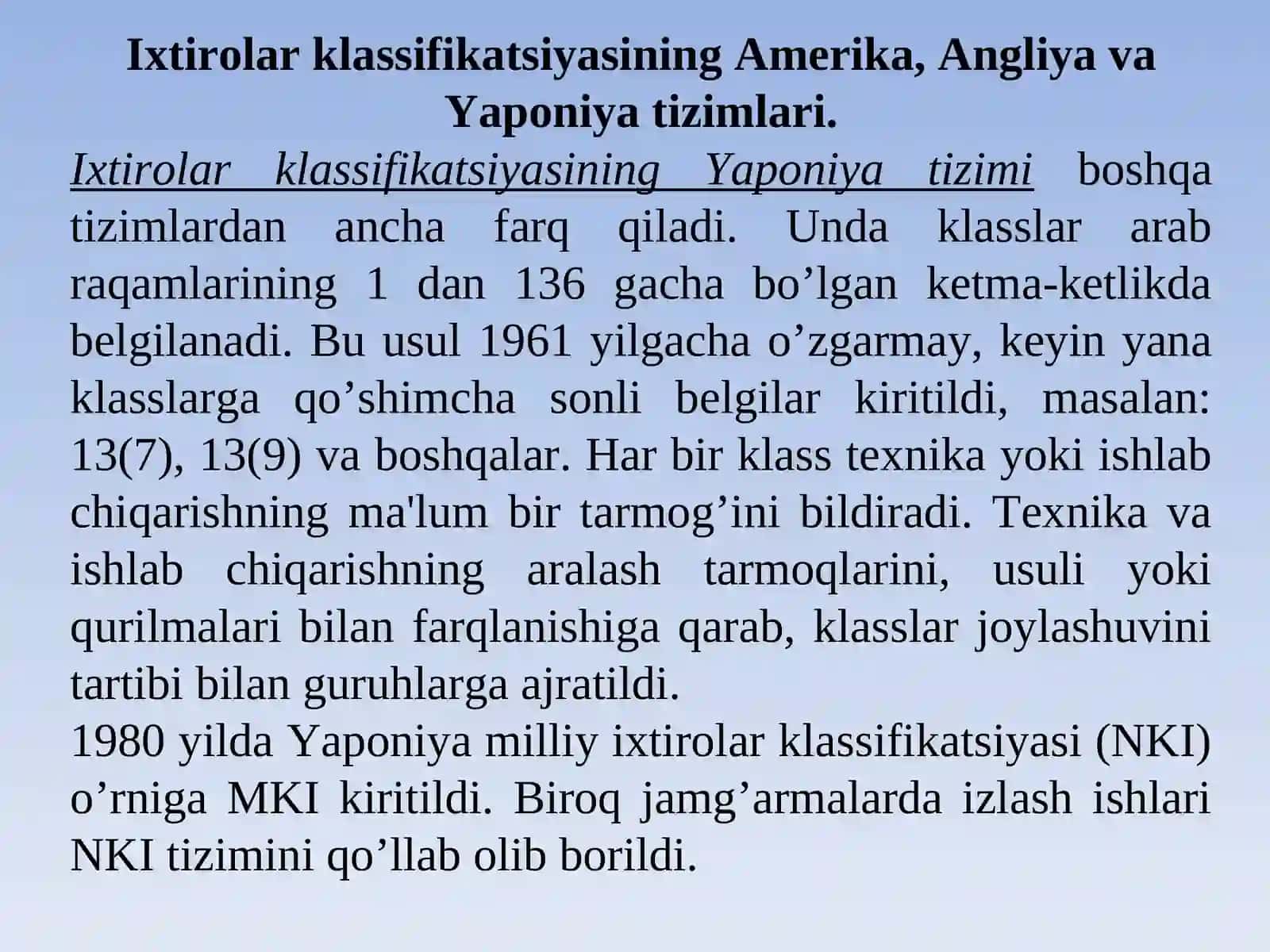 Ixtirolarning klassifikatsiyasi.Patentlash ma'lumotlari 4