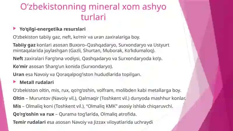 O'zbekiston va uning mintaqalarini mineral xom ashyo va tabiiy resurslari 4