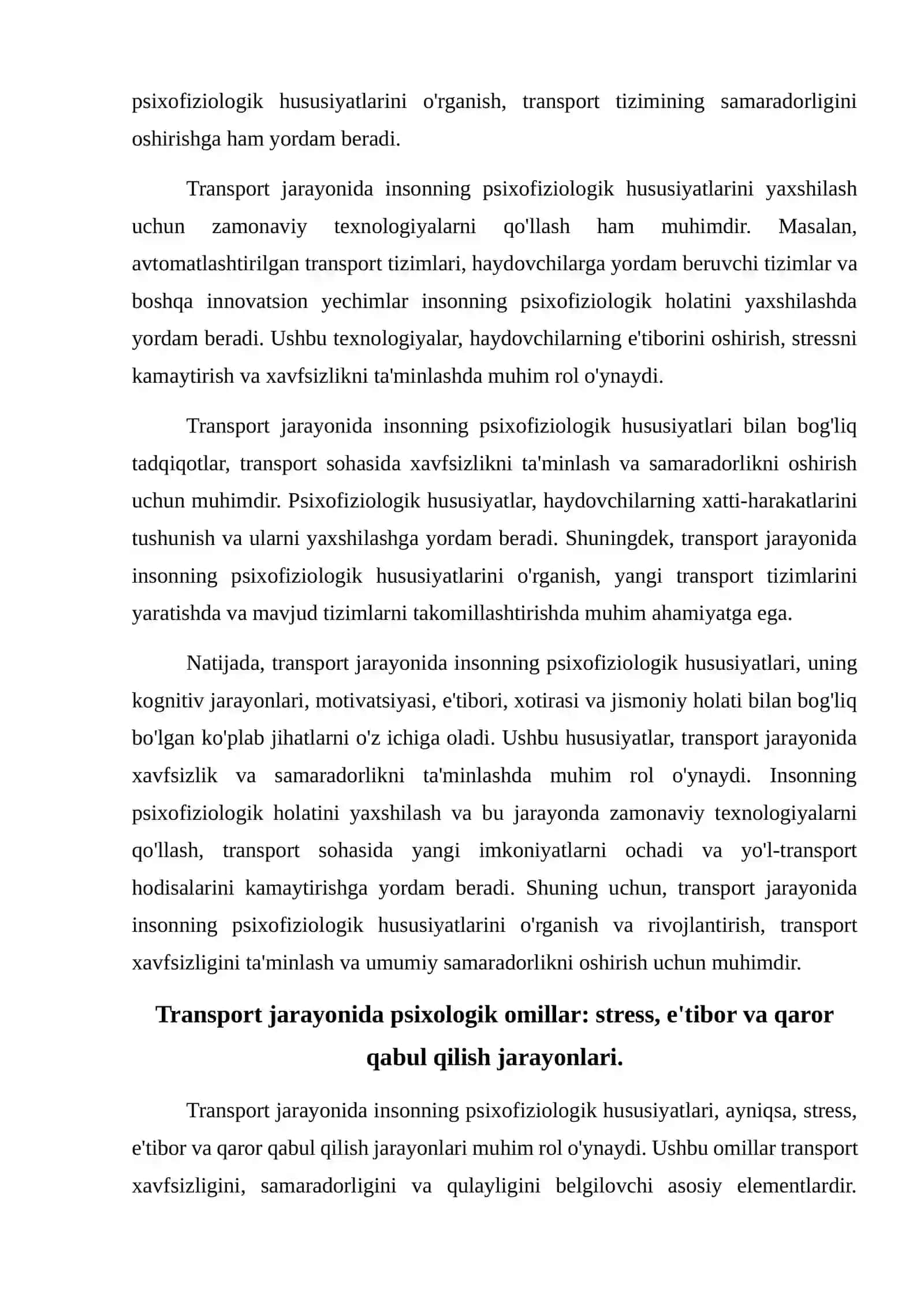 Transport jarayonida insonning psixofiziologik hususiyatlari nimalardan iborat 4