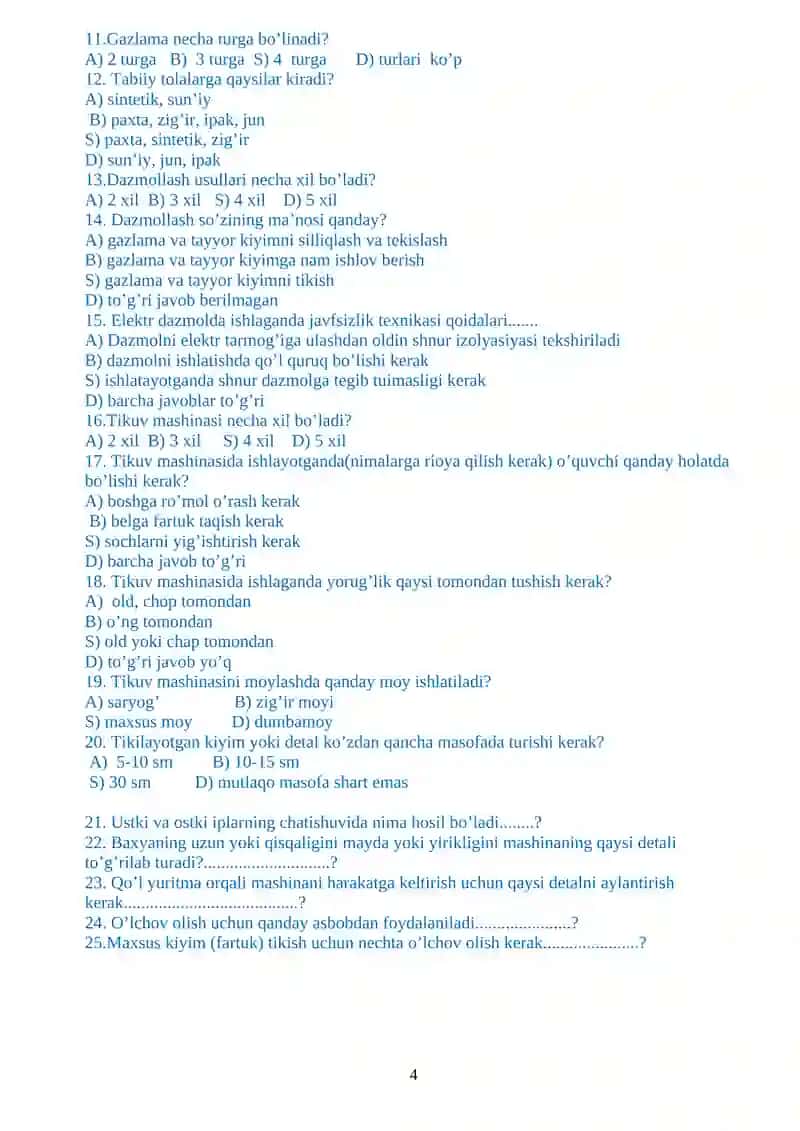 5-sinflar uchun texnologiya fanidan test savollari 4
