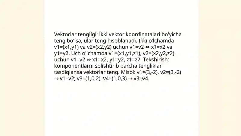 Vektorlar, vektor kordinatalari bilan berilgan vektorlar ustida amallar 4
