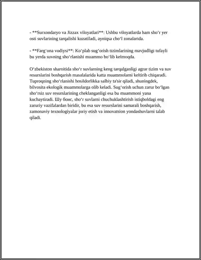 O‘ZBEKISTON SHAROITIDA SHO‘R SUVLARNI CHUCHUKLASHTIRISH G‘OYASI REFERAT 4