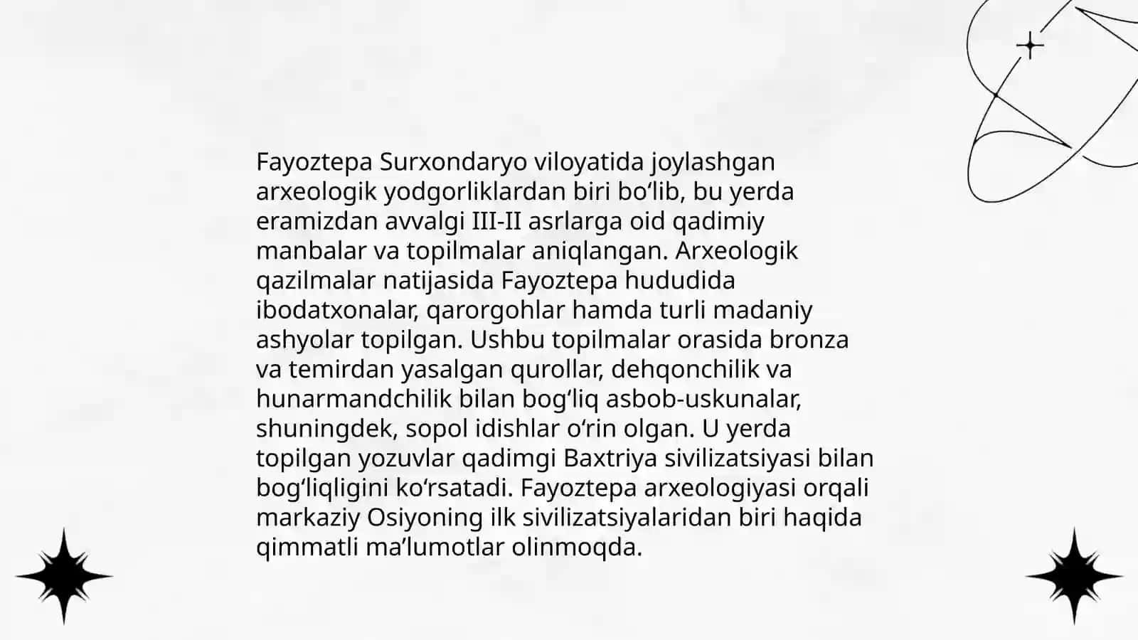 Oʻzbekistonda buddaviylik dinining tarixiy ildizlari (Qoratepa, Fayoztepa, Dalvarzintepa) va hozirgi zamon. Oʻrta Osiyoda buddaviylik diniing tarqalishi, Kushon madaniyati va uning oʻziga xos jihatlari 4