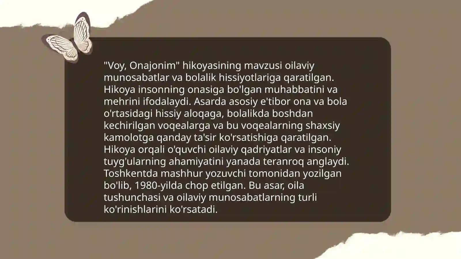 Tohir Malikning Voy, Onajonim hikoyasi tahlili 4
