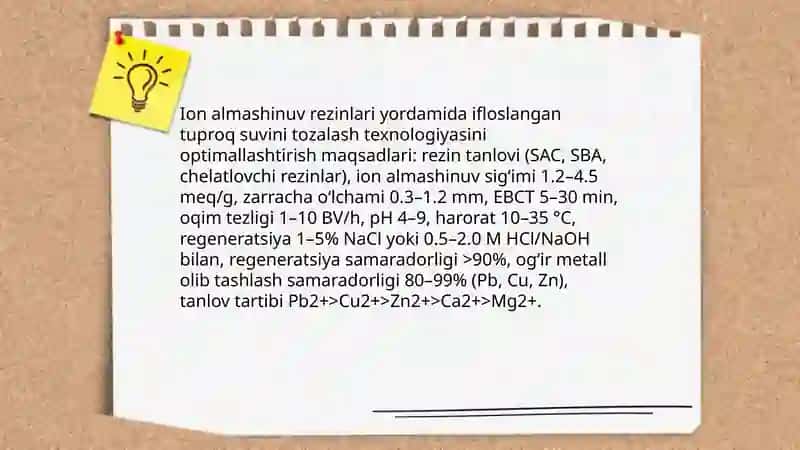 Tuproq suvning ifloslanishida ion bogʻlanishli brikmalarni aniqlab ulardan tozalash gʻoyasini ishlab chiqish 4