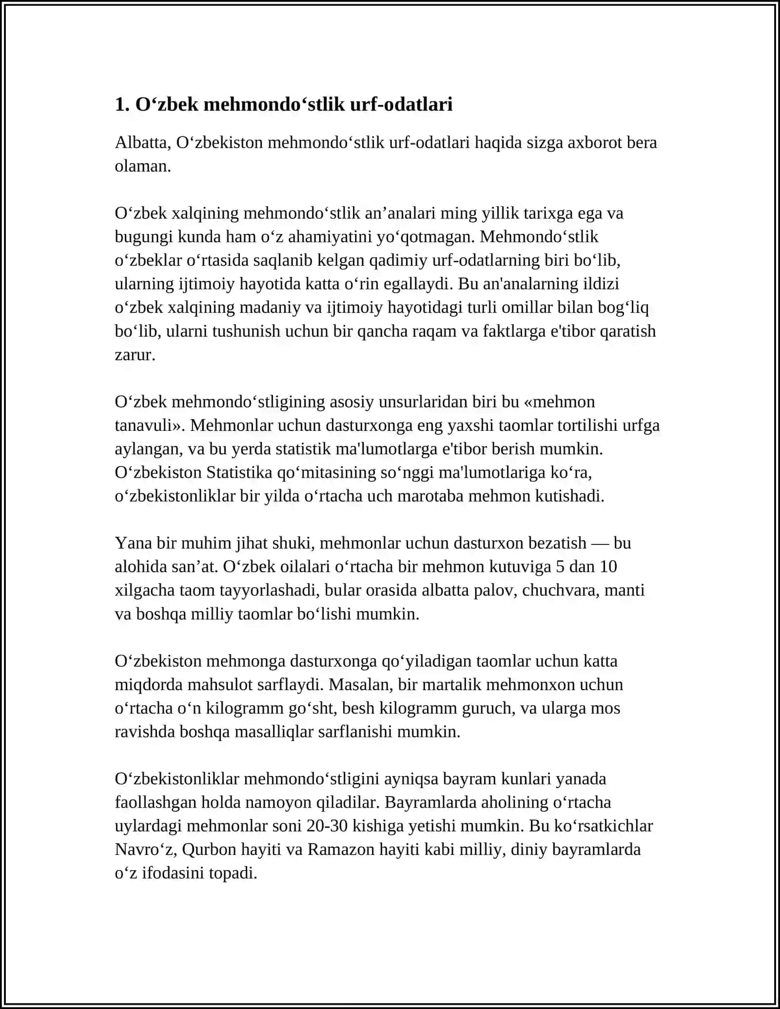 Oʻzbekistonda mehmonga xizmat koʻrsatishda milliy urf-odatlar va an'analar 4