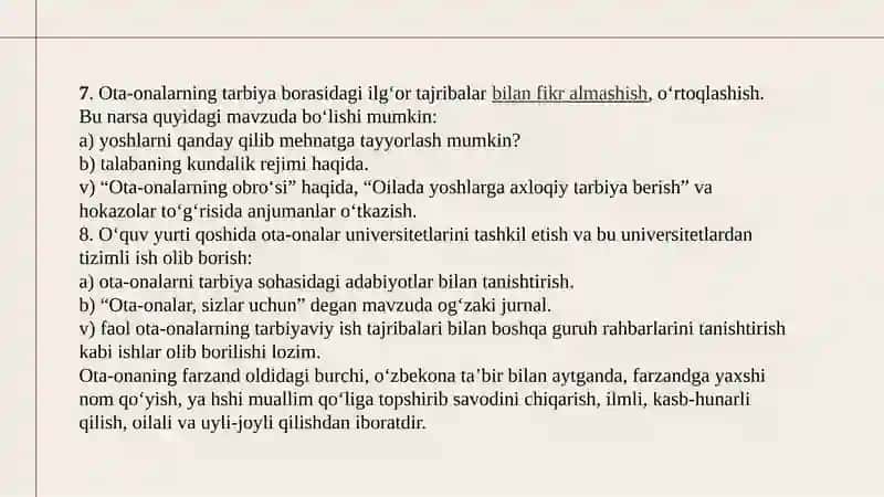 Taʼlim muassasasi oʼquvchilarining ota-onalari bilan olib boriladigan ish shakli va metodlari 4