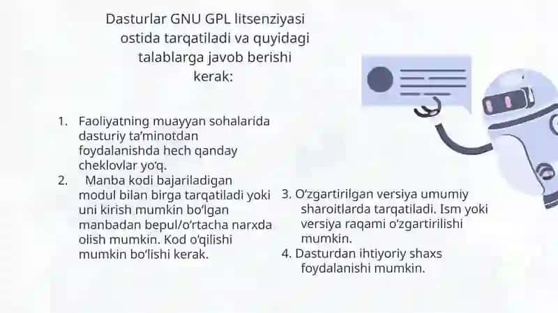 Ochiq kodli dasturiy ta'minotning afzalliklar va xalqaro loyihalar misolida tahlil qiling. 4