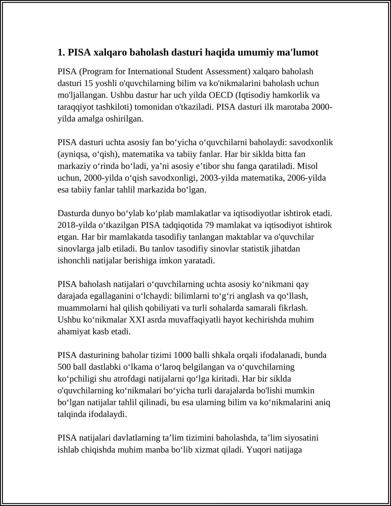 PISA XALQARO BAHOLASH DASTURI MAZMUN VA MOHIYATI 4