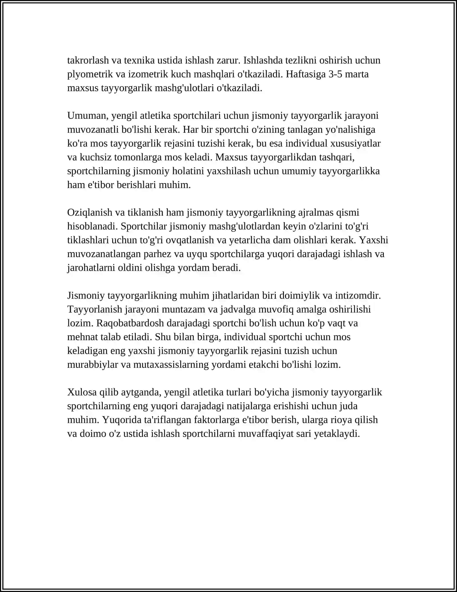 YENGIL ATLETIKA MASHGʻULOTLARI UCHUN OPTIMAL BADAN QIZDIRISH MASHQLARI TIZIMINI ISHLAB CHIQISH 4