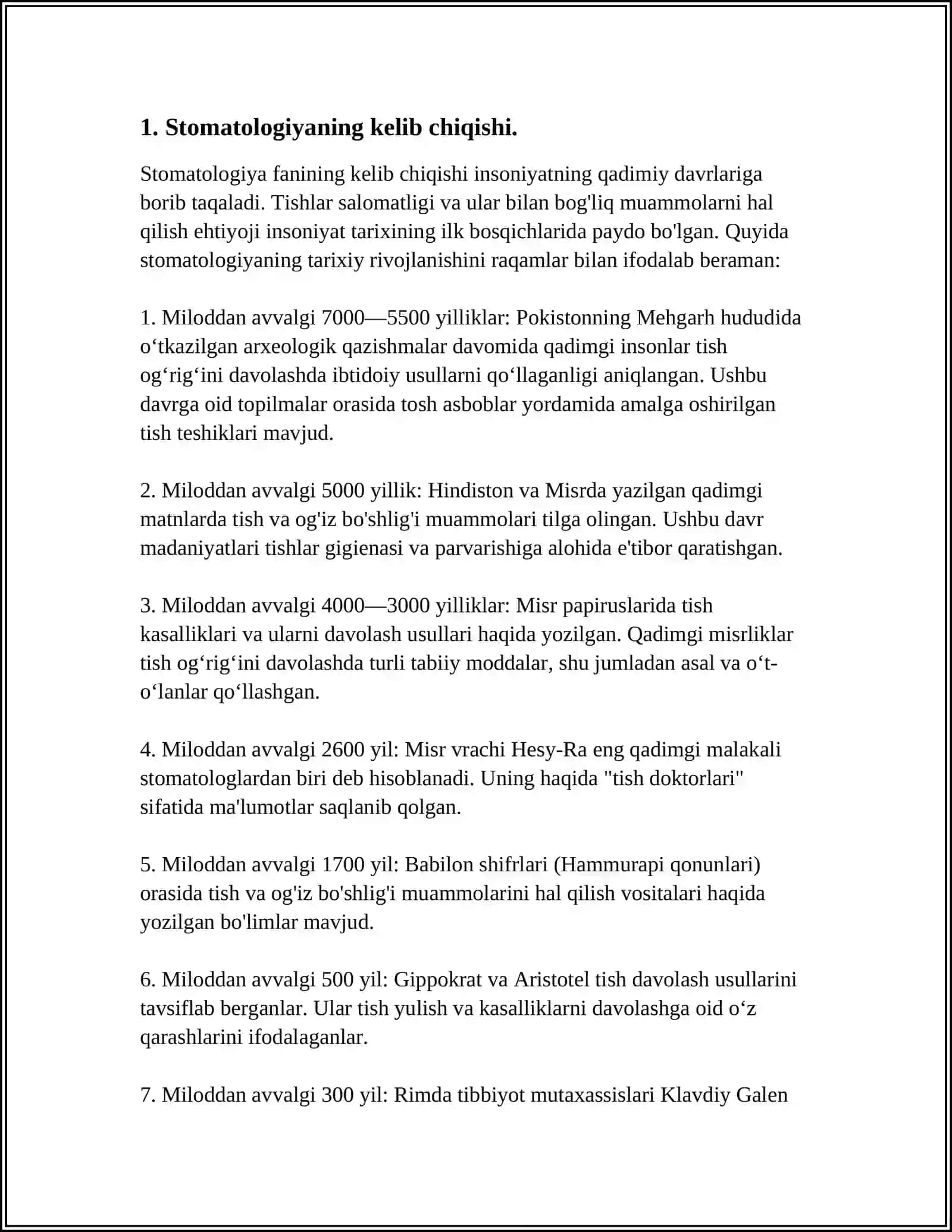STOMATOLOGIYAGA KIRISH. STOMATOLOGIYA RIVOJLANISHINING TARIXIY BOSQICHLARI. MAHALLIY STOMATOLOGIYA VA ASOSIY MAKTABLARNING RIVOJLANISH BOSQICHLARI 4