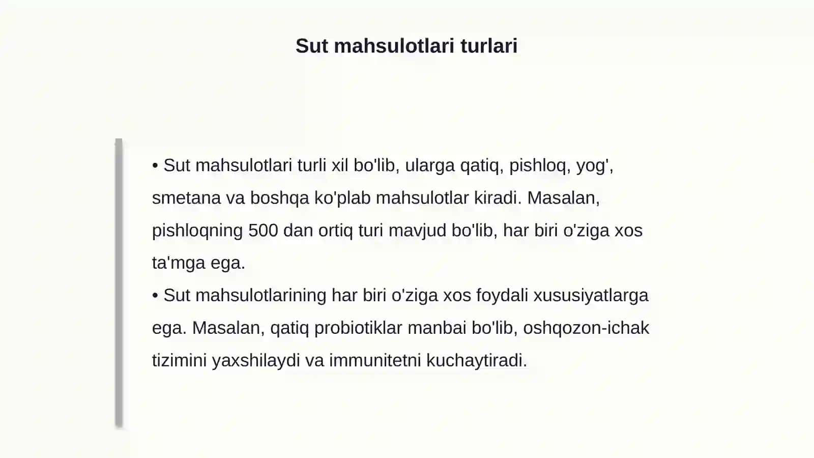 Texnologiya darslarida o’quvchilarga sut va sut mahsulotlarini tayyorlash metodikasi 4