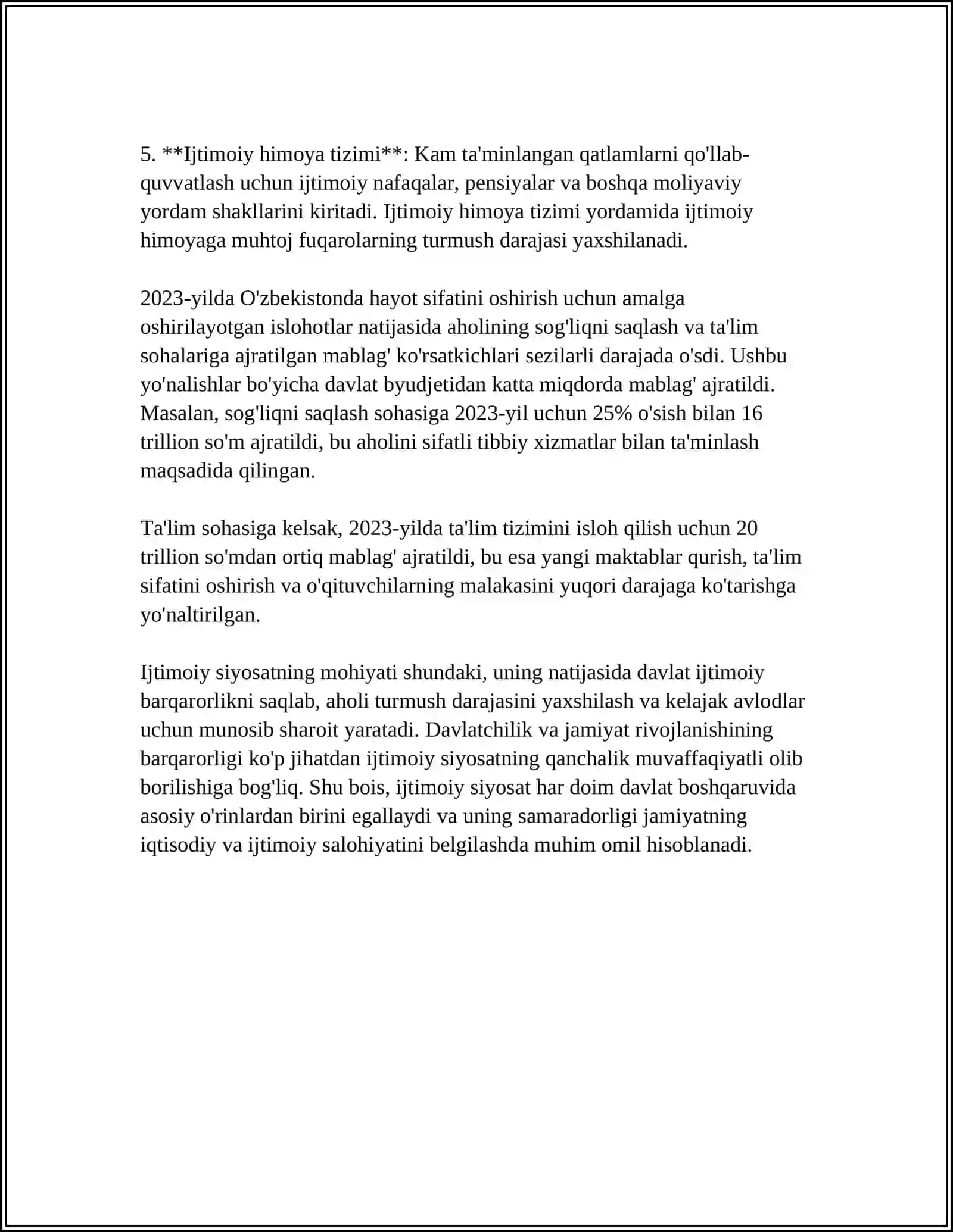 DAVLATNING IJTIMOIY SIYOSATI VA UNING ASOSIY YO'NALISHLARI 4