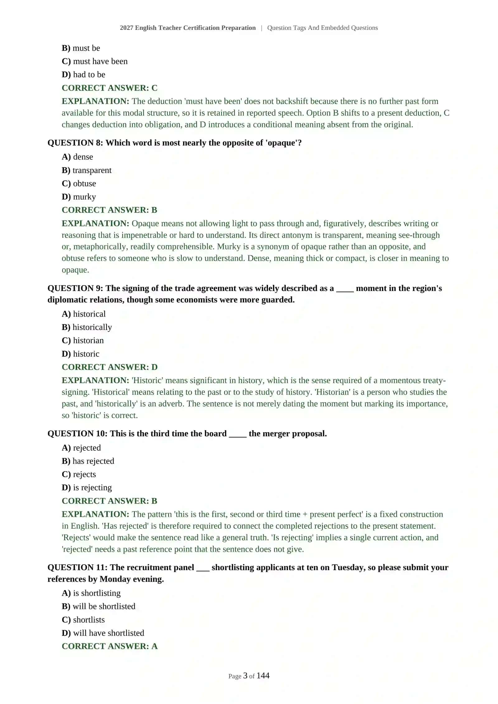 2027 English Teacher Certification Preparation | Question Tags And Embedded Questions 4