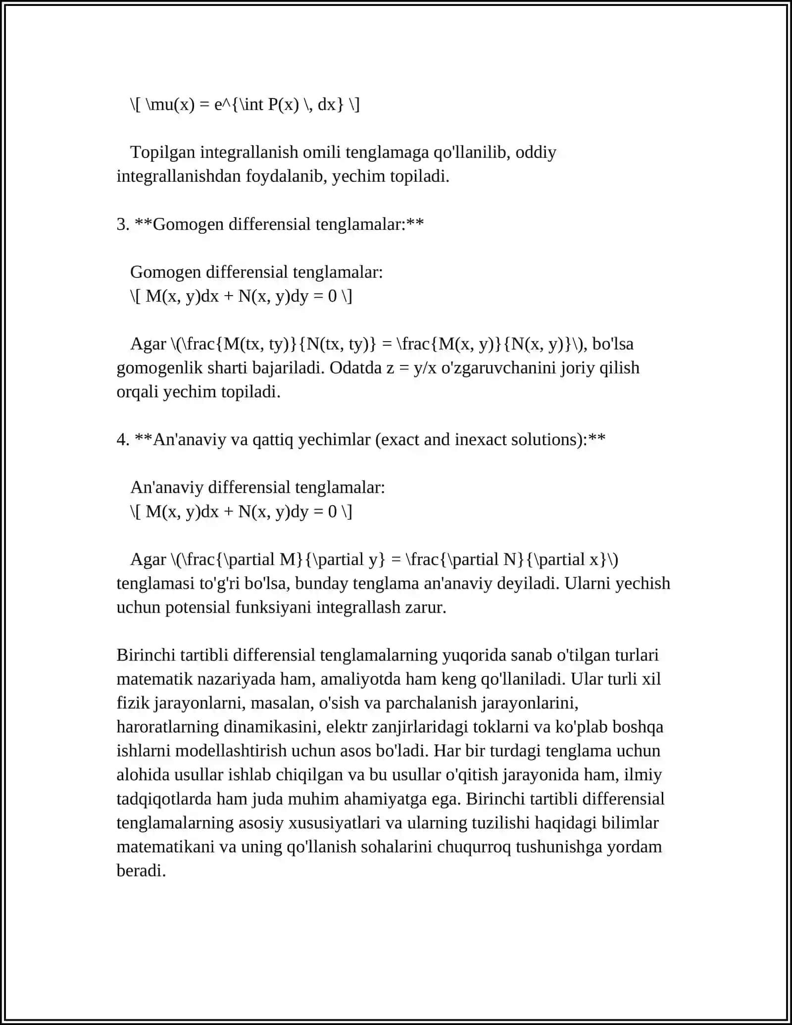 Birinchi Tartibli Differensial Tenglamalar 4