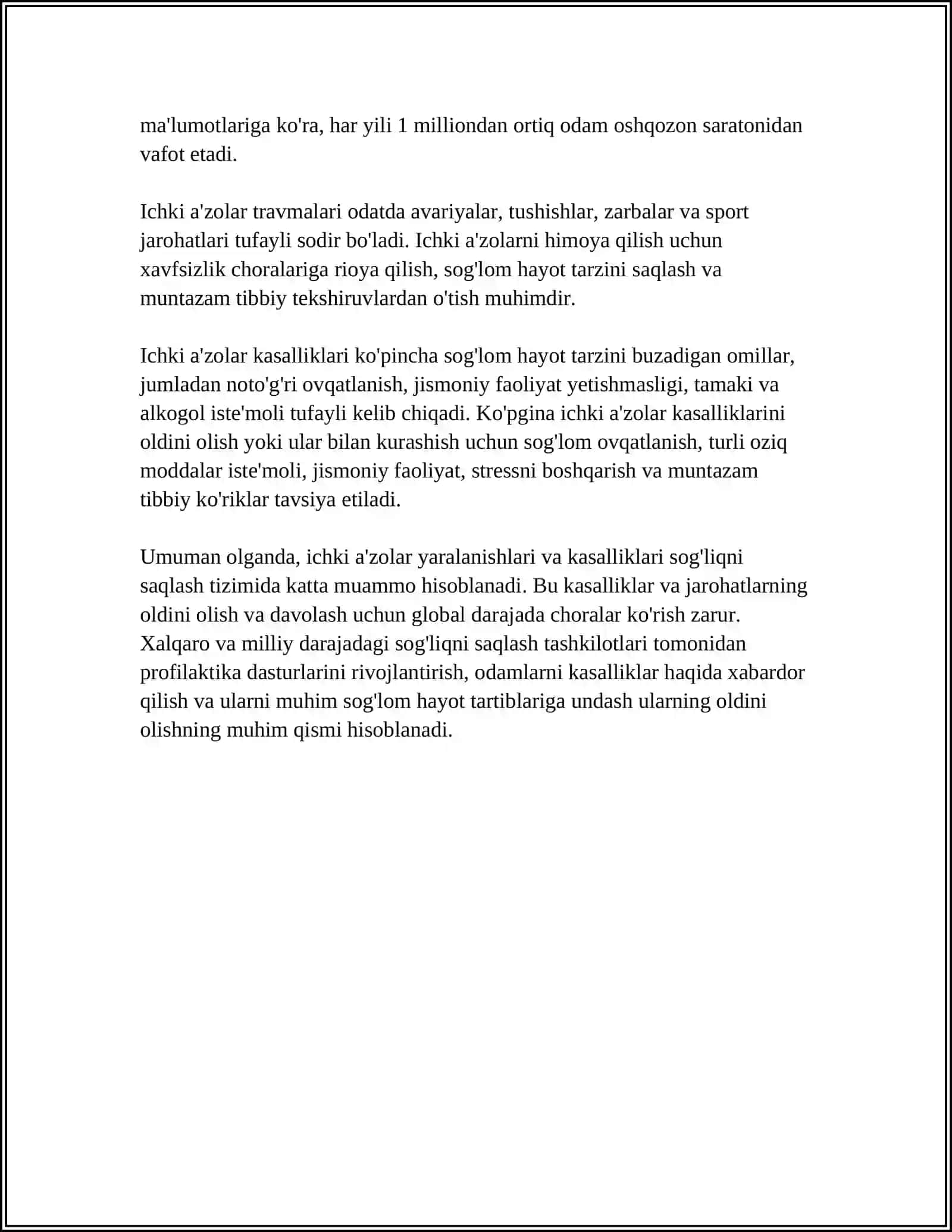 O"Q OTAR JAROHATLARDA ICHKI AZOLAR KASALLIKLARI.YARADORLARDA HAYOTGA HAVFLI HOLATLAR XARAKTERISTIKASI 4