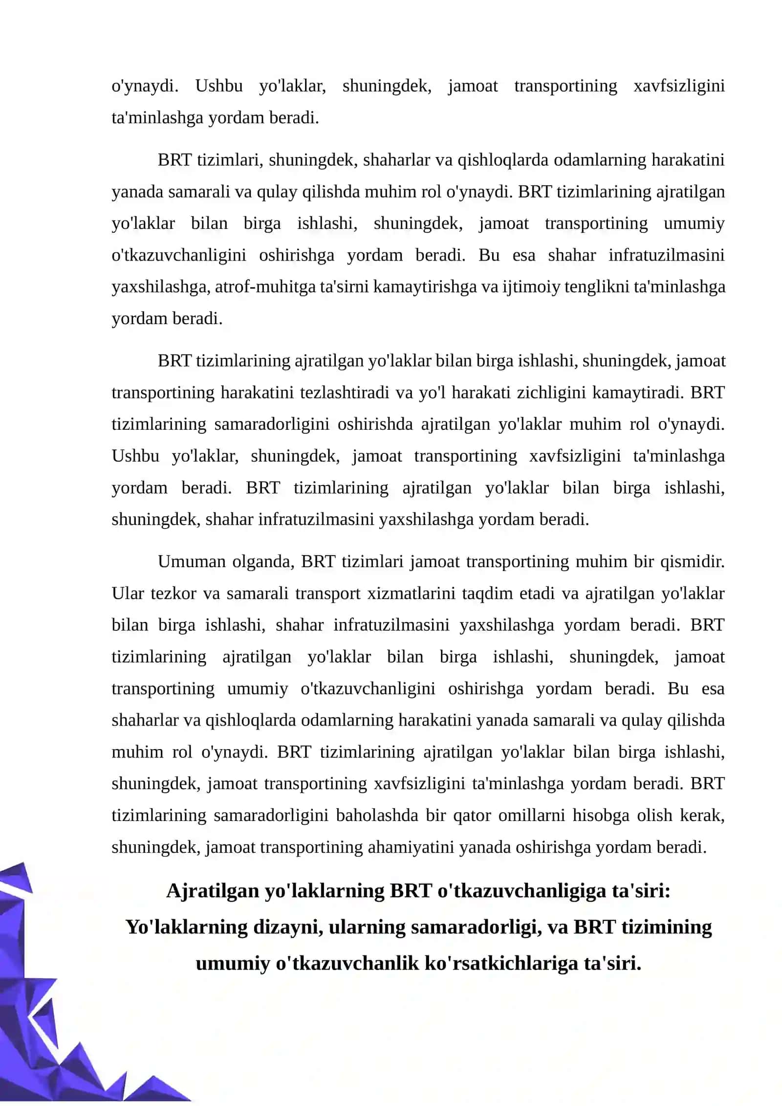 Jamoat transporti uchun ajratilgan yo'laklarning BRT umumiy o'tkazuvchanlikka ta'sirini baholash 4