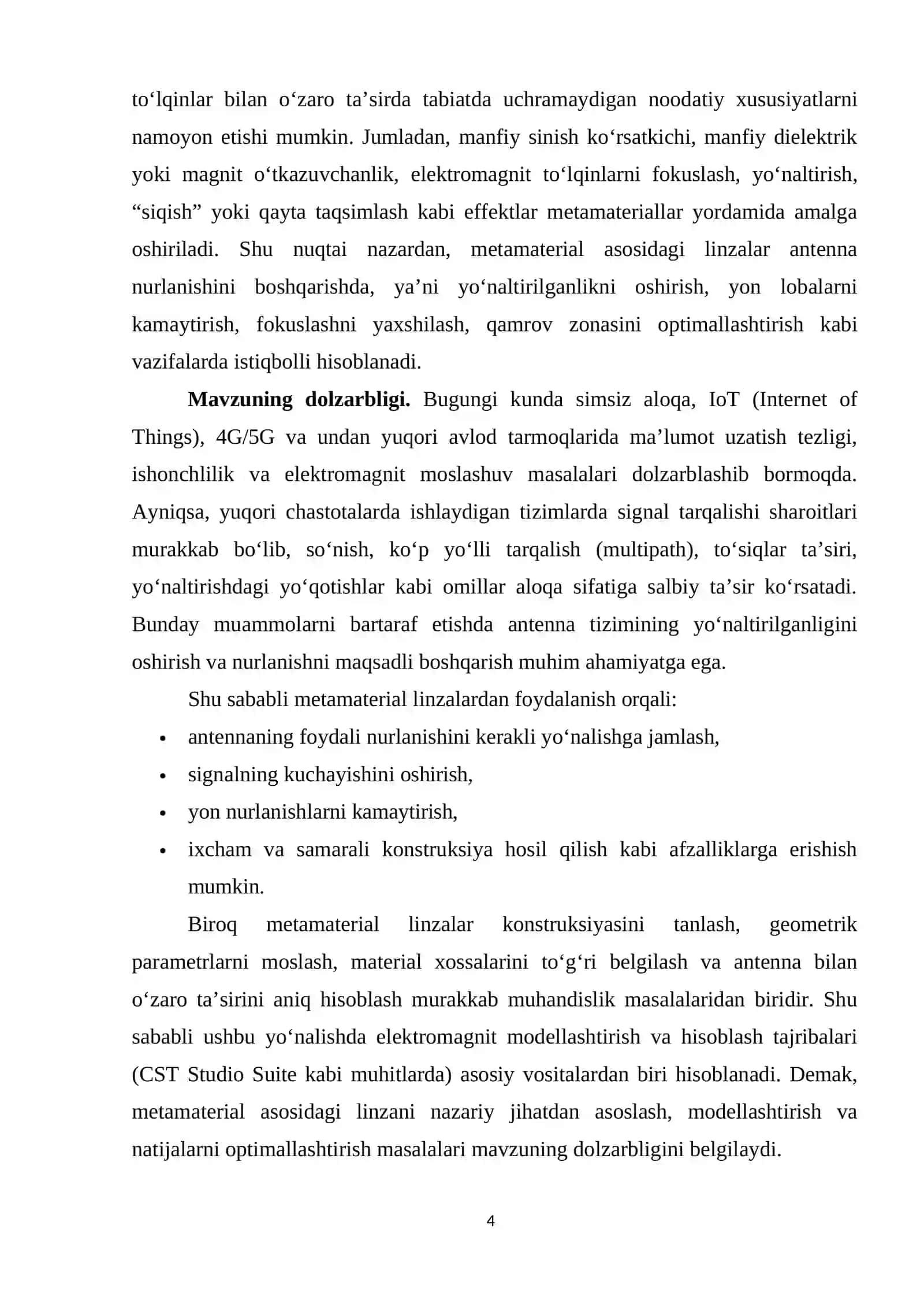 Metamaterial asosidagi linzalarni modellashtirish va samaradorligini tahlil qilish | Diplom ishi  | Bitiruv Malakaviy Ish BMI 4