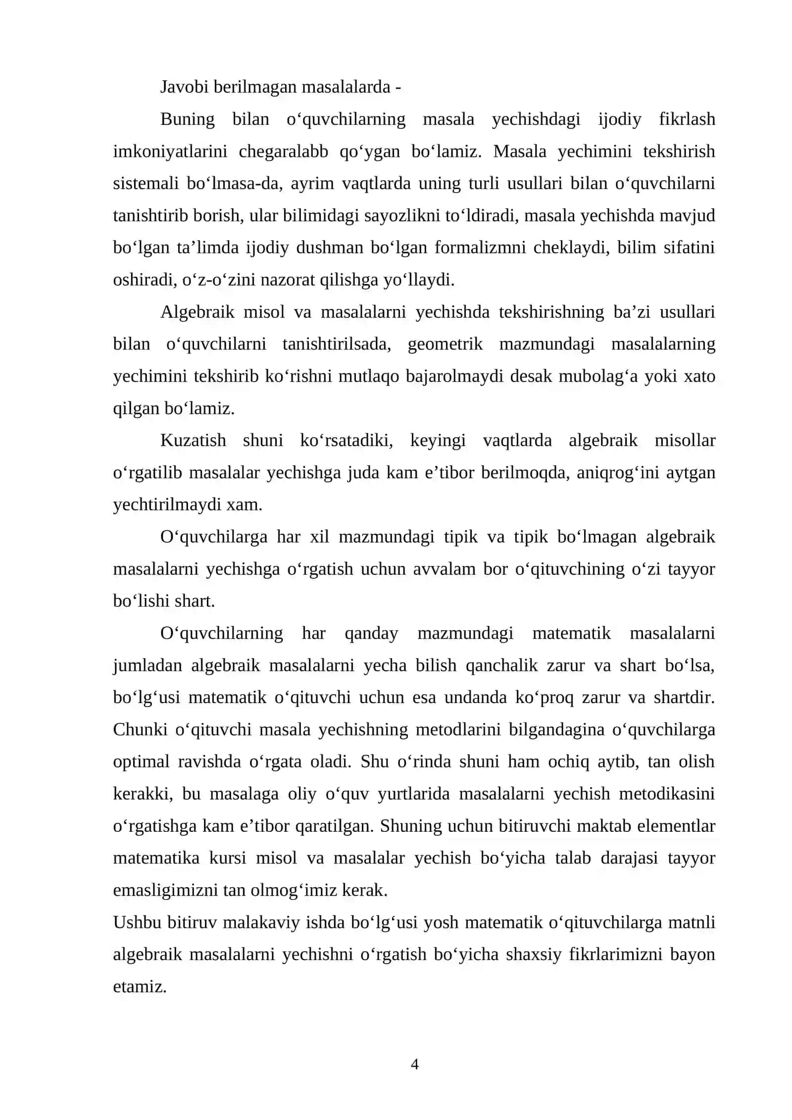 Bo‘lajak o‘qituvchilarni matnli algebraik masalalar yechishni o‘rgatish 4