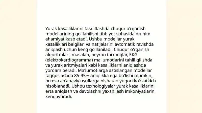 Neyron torlariga asoslanganyurak kasalliklarini sinflarga ajratish modellari va algaritmlari 4