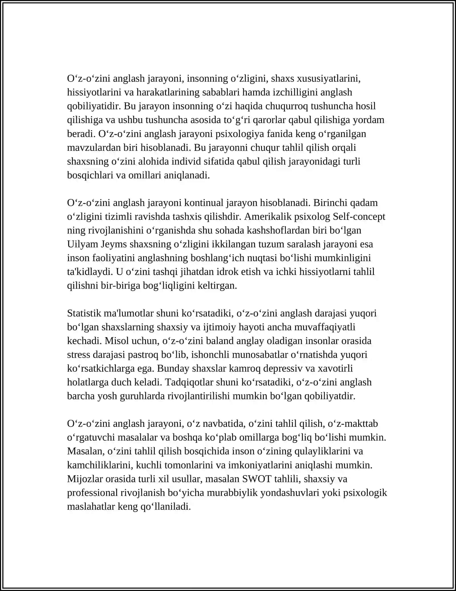 MUSTAQIL ISH Mavzu: ÒZ ÒZINI ANGLASH 4