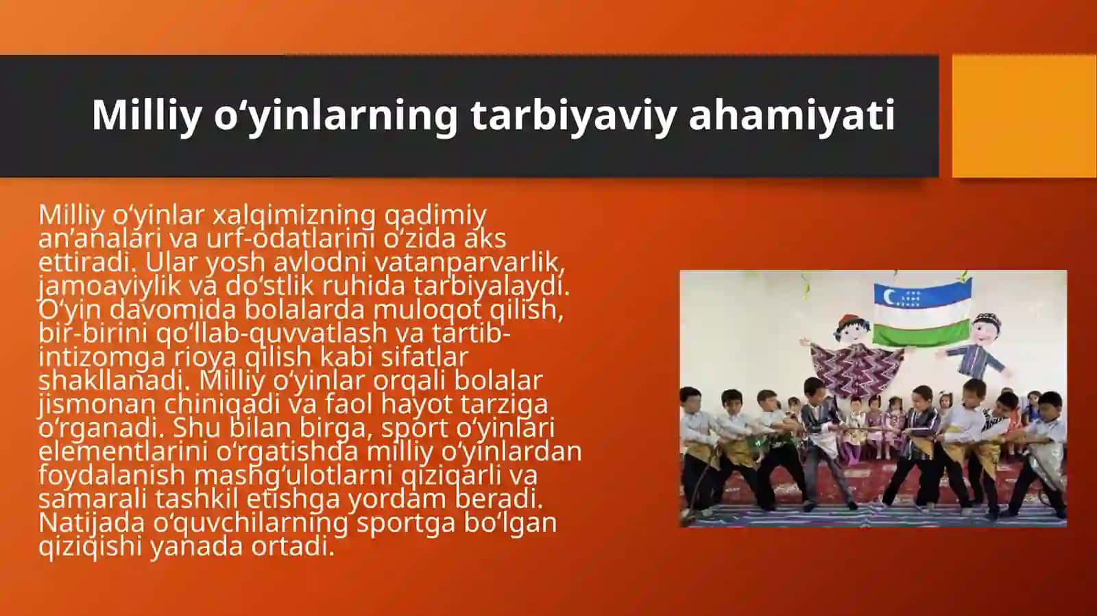 Milliy va harakatli oʻyinlar orqali sport oʻyinlari elementlarini oʻrgatish 4