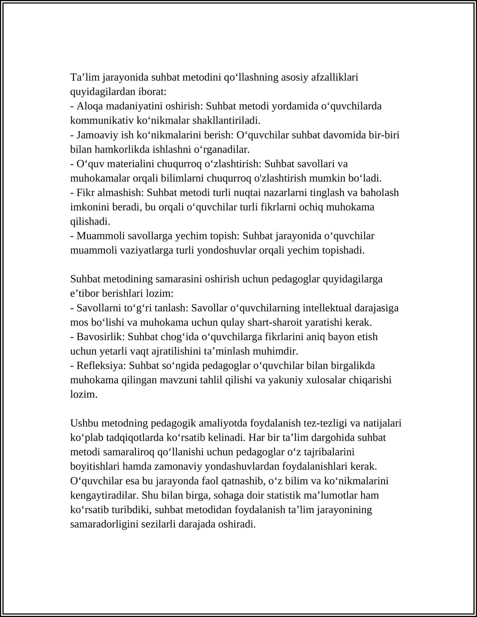 SUHBAT METODI:TURLARI VA UNGA QO'YILADIGAN ASOSIY TALABLAR 4