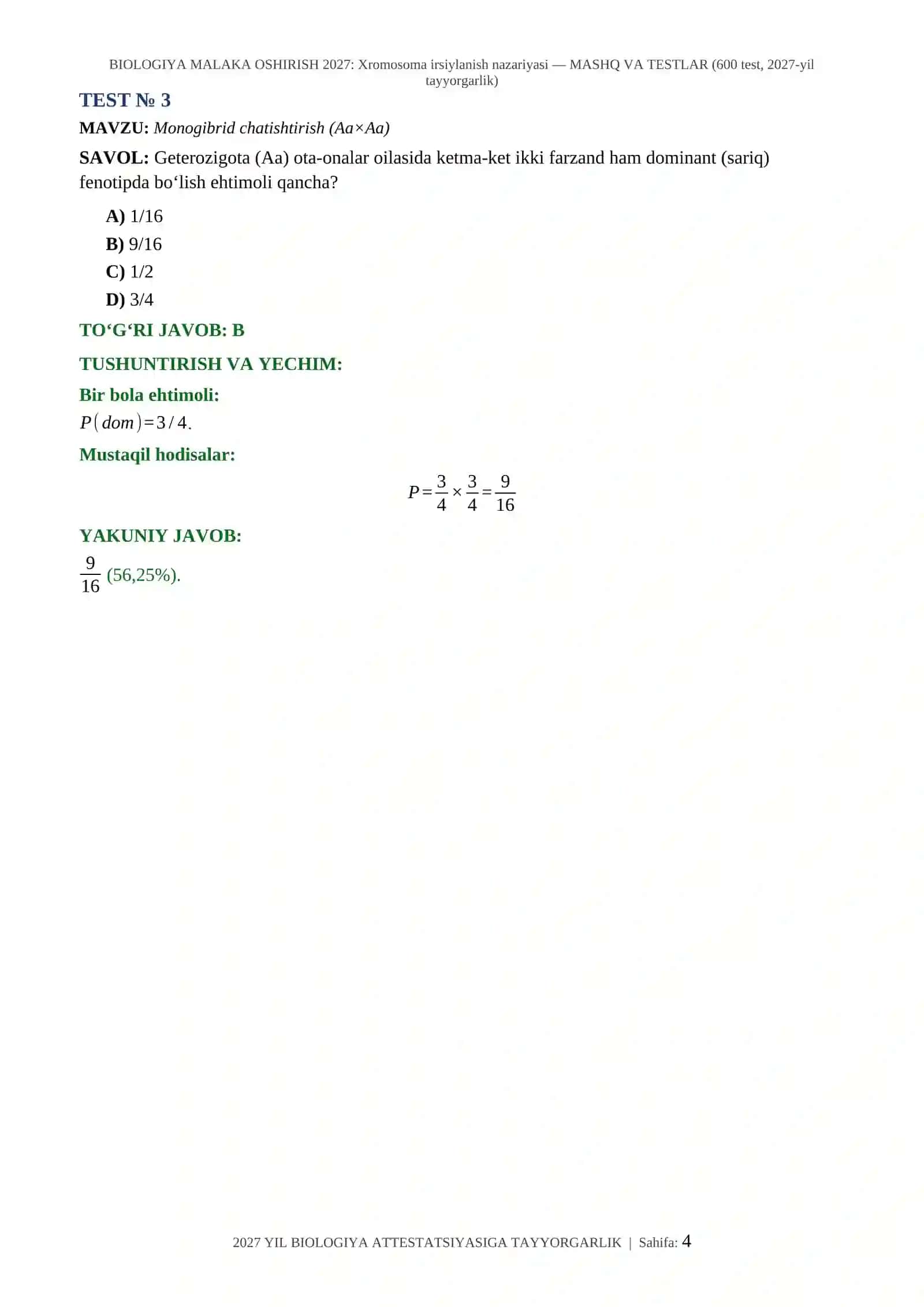 BIOLOGIYA MALAKA OSHIRISH 2027: Xromosoma irsiylanish nazariyasi — MASHQ VA TESTLAR (600 test, 2027-yil tayyorgarlik) 4