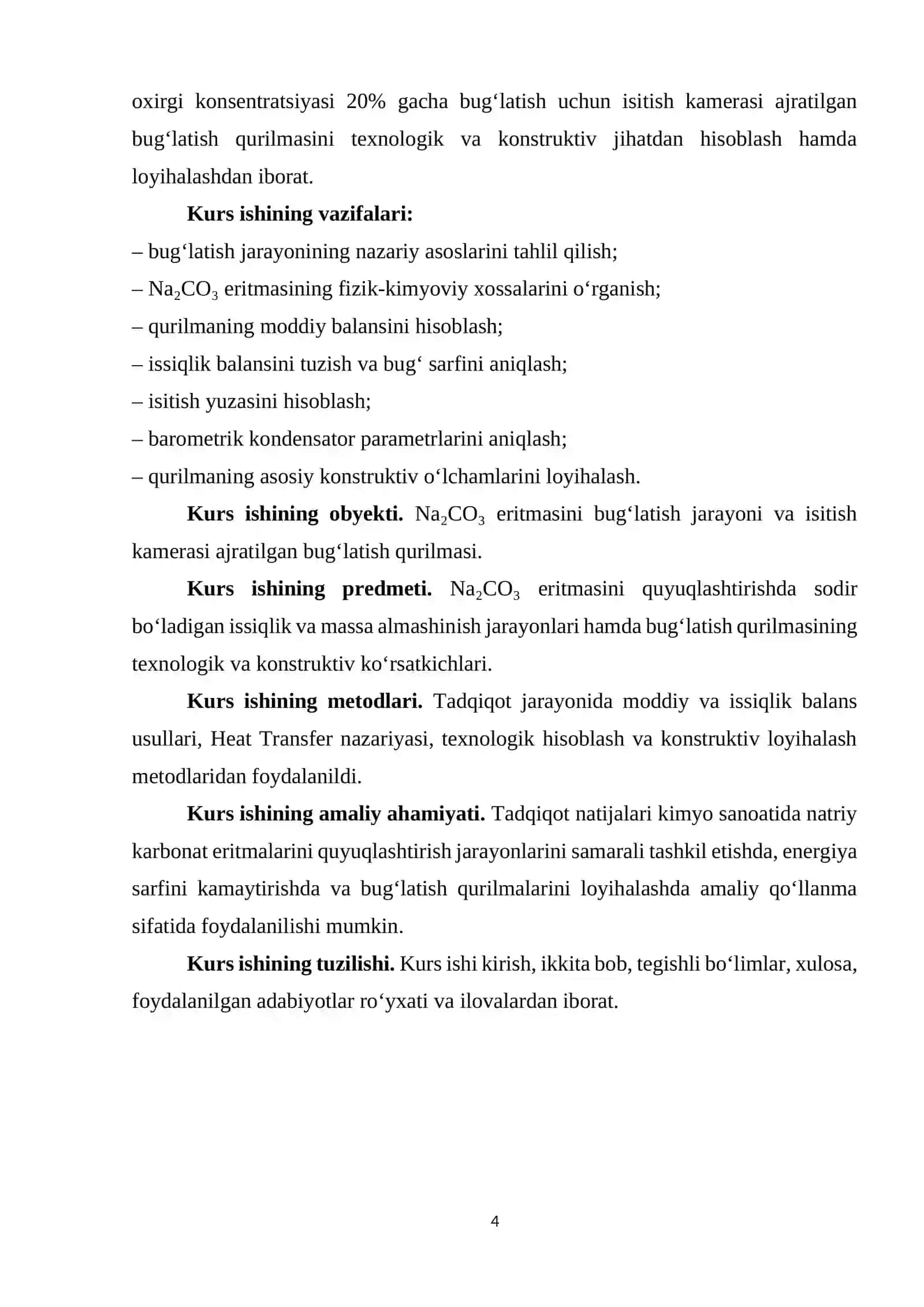 Unumdorligi G=14200 kg/soat bo’lgan Na2CO3 eritmasini Xb=5% dan Xo=20% gacha bug’latish uchun isitish kamerasi ajratilgan bug‘latish qurilmasini hisoblang va loyihalash 4
