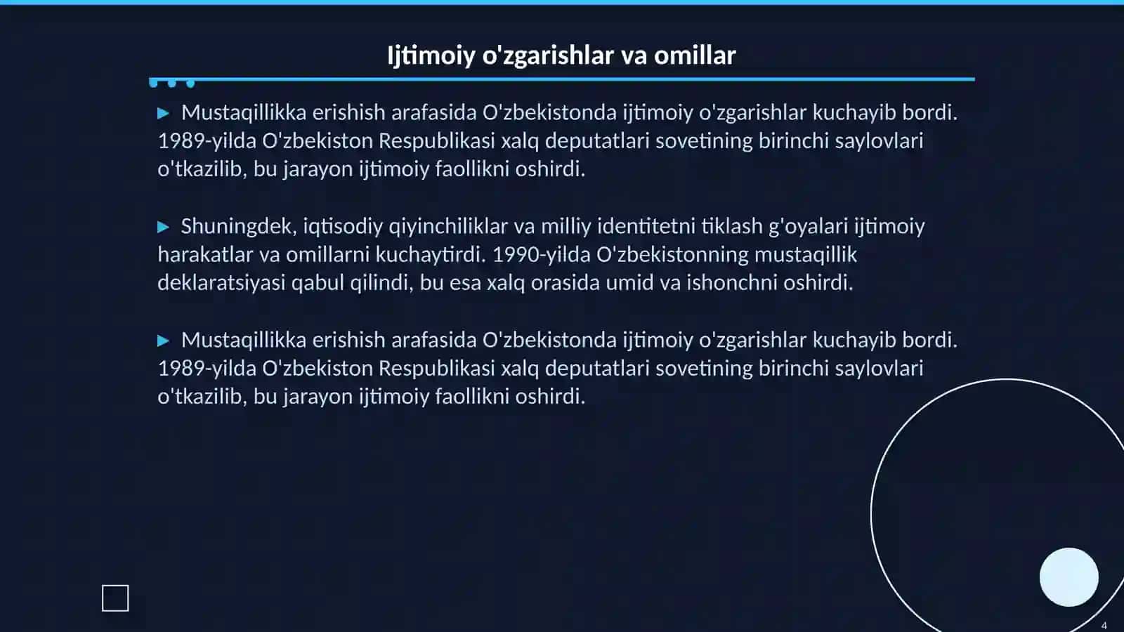 Jahon tarixidan. Mustaqillikka erishish arafasida O'zbekistondagi ijtimoiy siyosiy jarayonlar 4