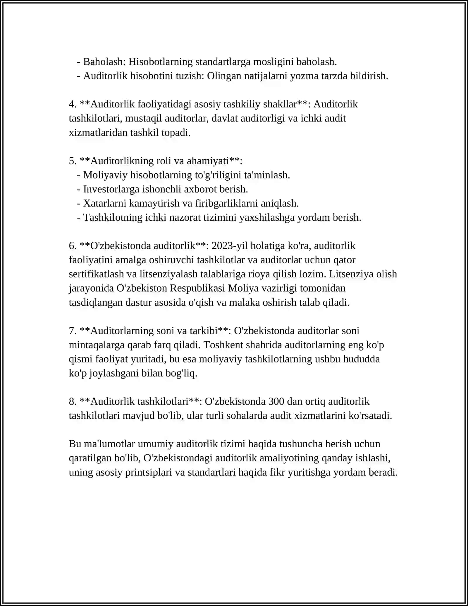 AUDITNI XALQORO SATANDARTLARI SINFLASHTRISH VA O'ZBEKSTON RESPUBLIKASIDA QO'LASH MASALALARI 4