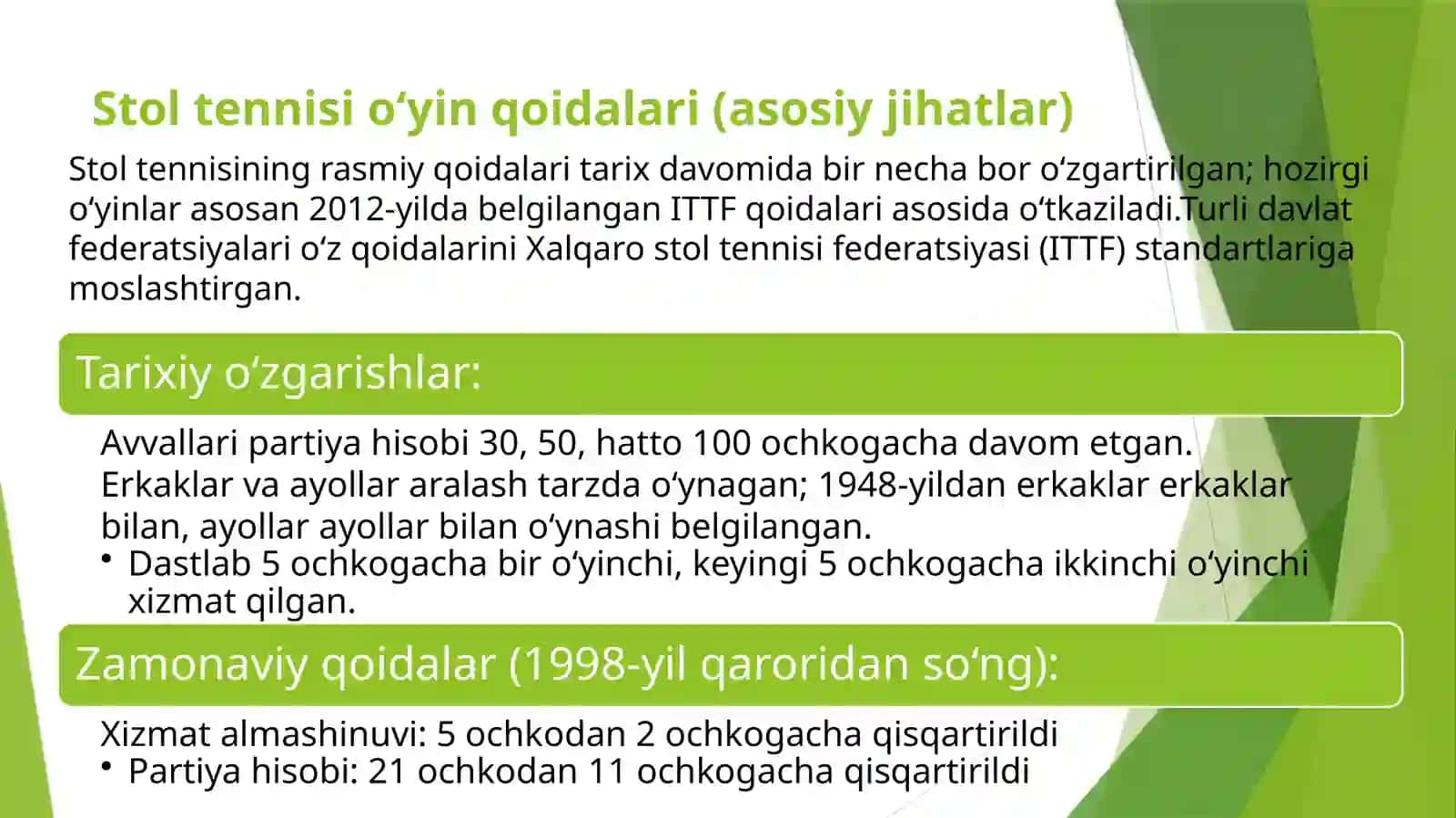 Stol tennis tarixi, qoidalari, texnikasi va taktikasining tasnifi 4