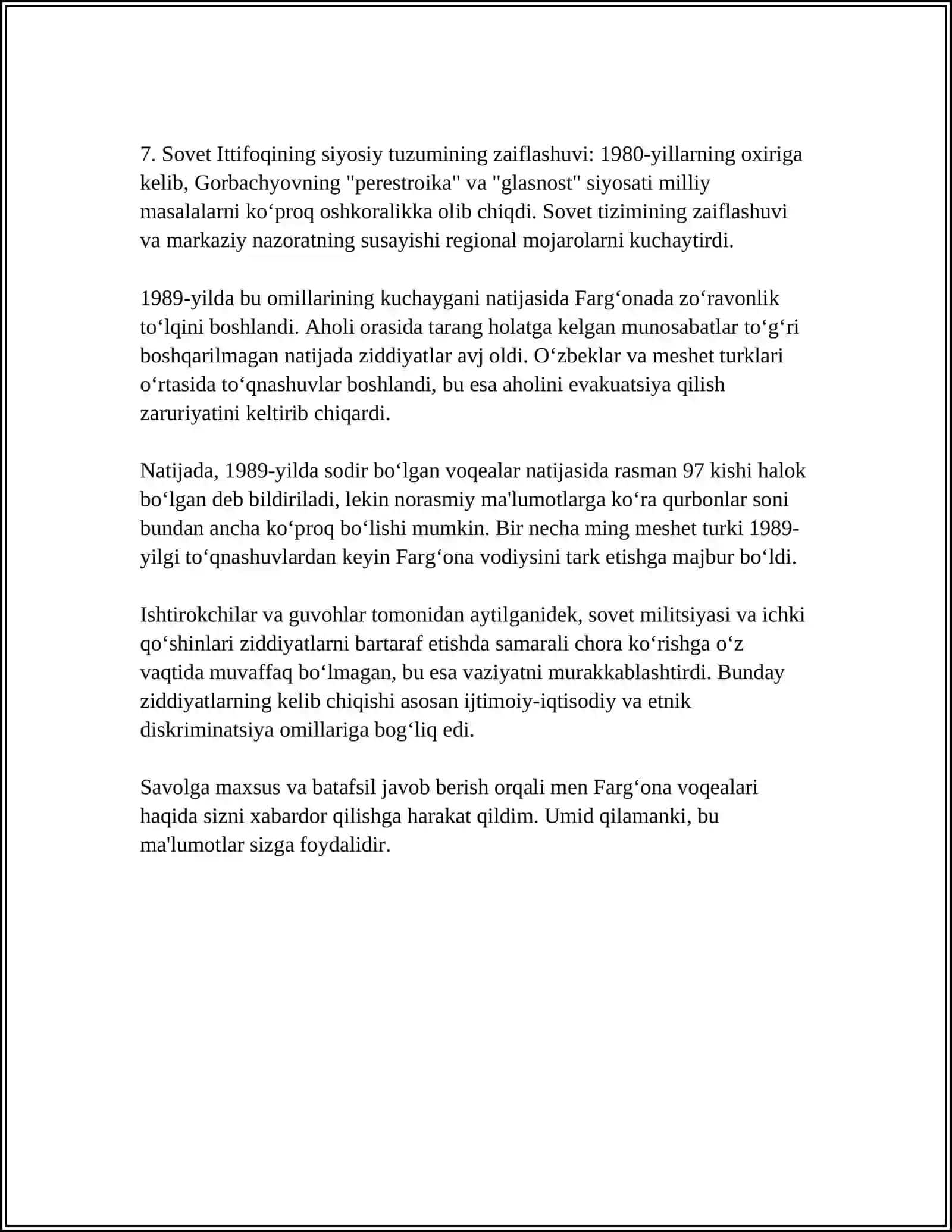 FARG‘ONA VOQEALARI. 1989 YIL O‘RTALARIDA RESPUBLIKA IJTIMOIY-SIYOSIY HAYOTIDAGI O‘ZGARISHLAR 4