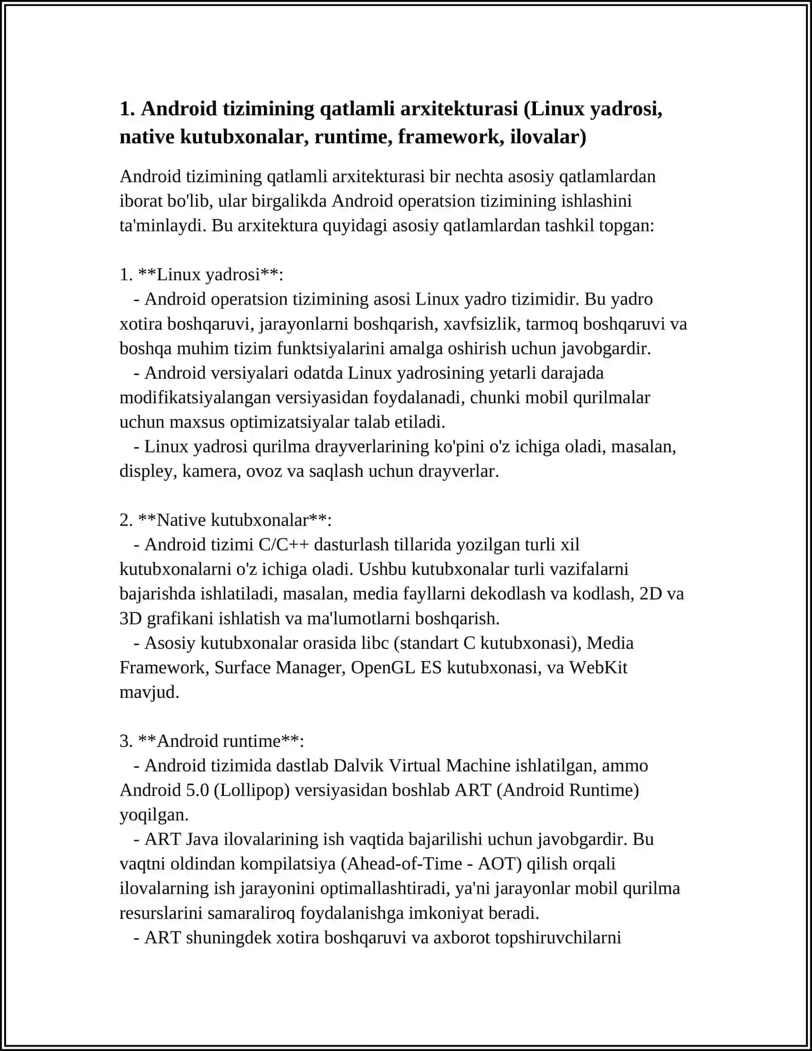 ANDROID TIZIMINING ASOSIY KOMPONENTLARI VA ARXITEKTURASI 4