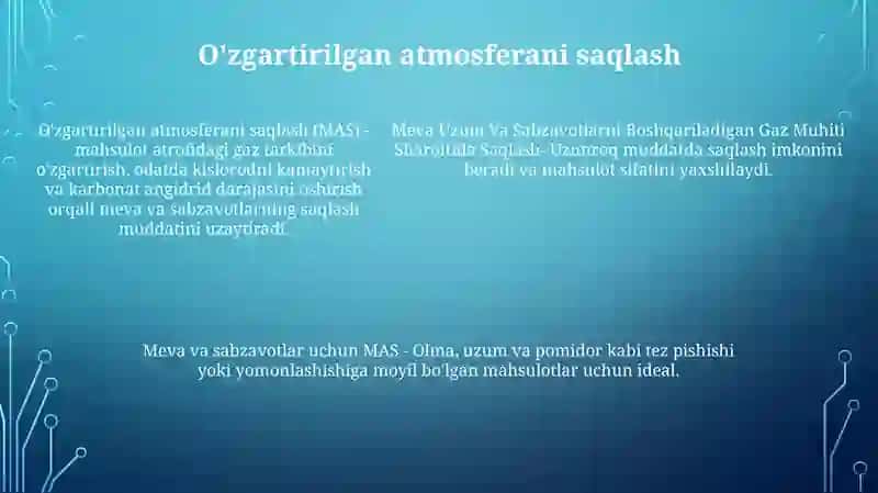 Meva Uzum Va Sabzavotlarni Boshqariladigan Gaz Muhiti Sharoitida Saqlash 4